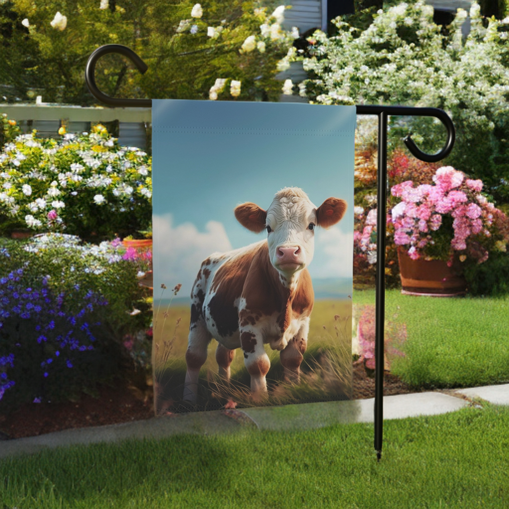 Calf in a Field Garden Flag - lifestyle display - Dragonfire Gardens