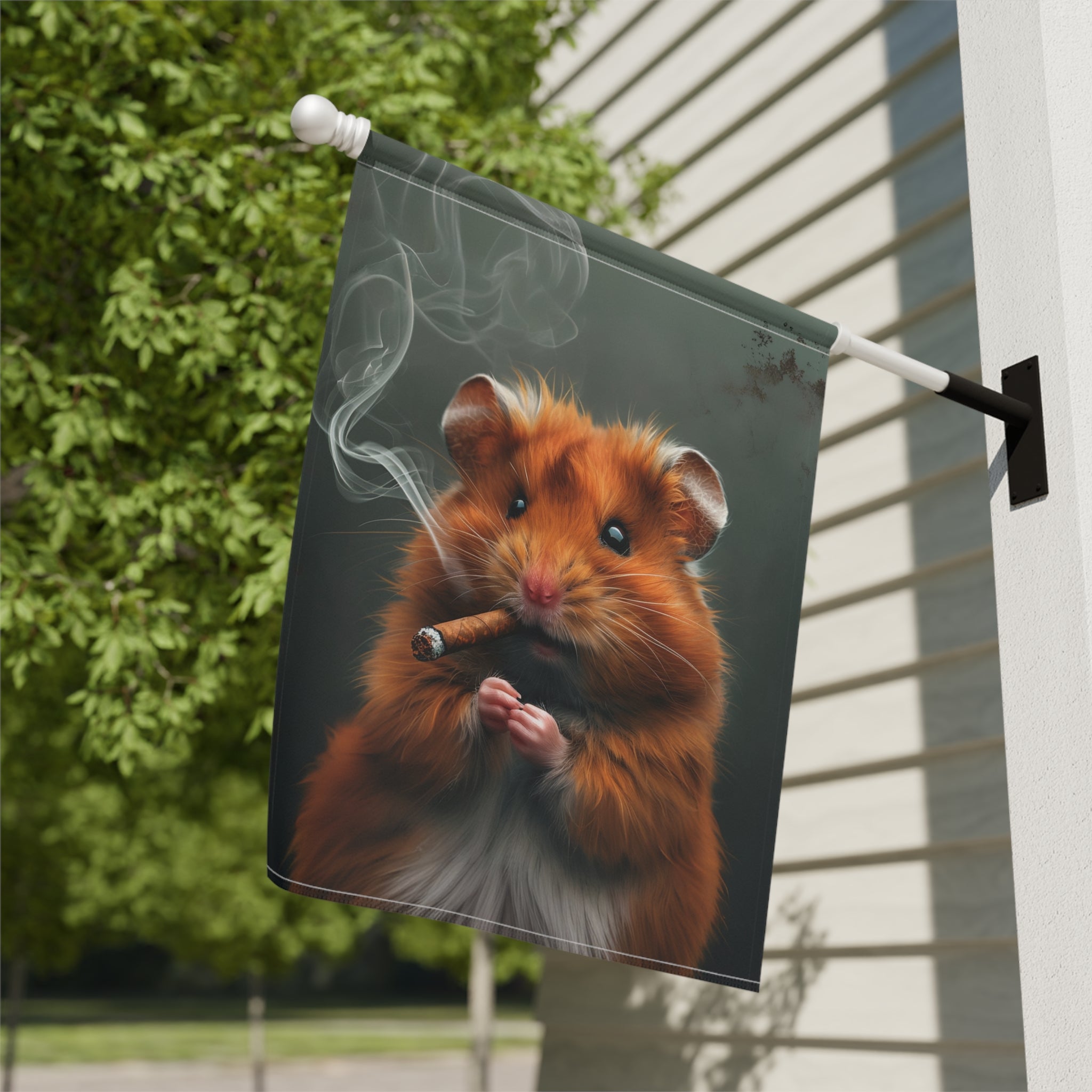 Smokin' Hamster Garden Flag - close-up detail - Dragonfire Gardens