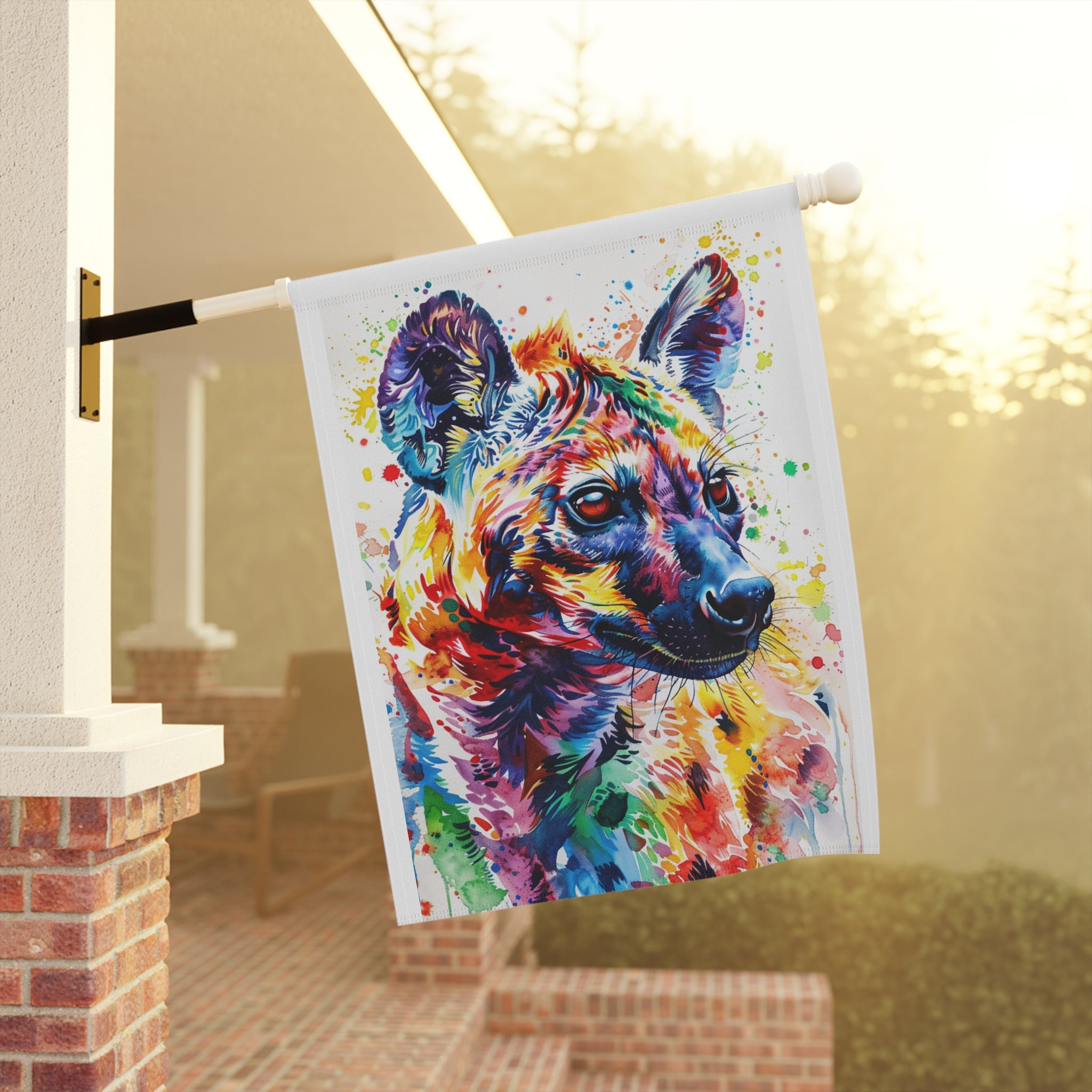 Colorful Hyena Garden Flag - close-up detail - Dragonfire Gardens