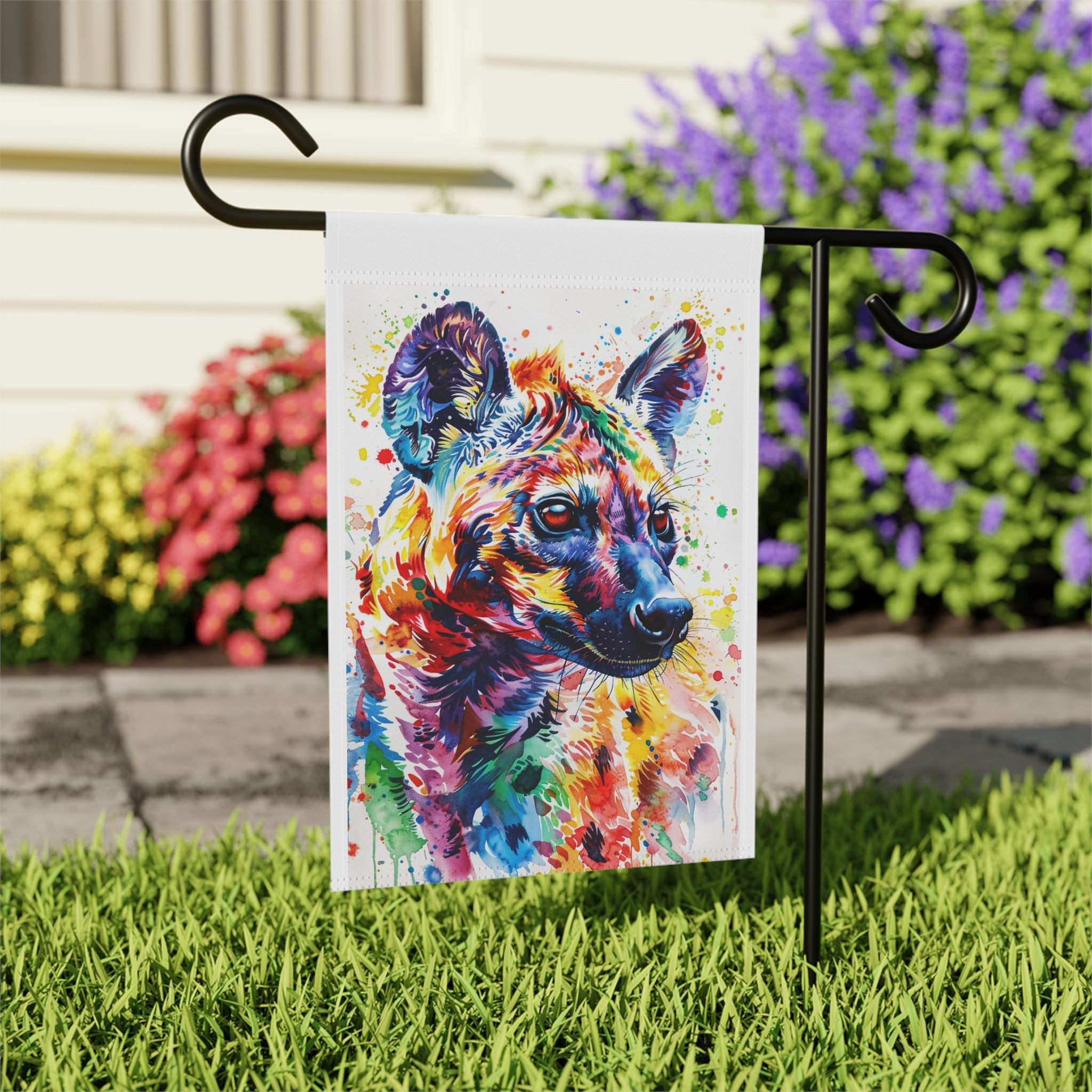 Colorful Hyena Garden Flag - outdoor display - Dragonfire Gardens