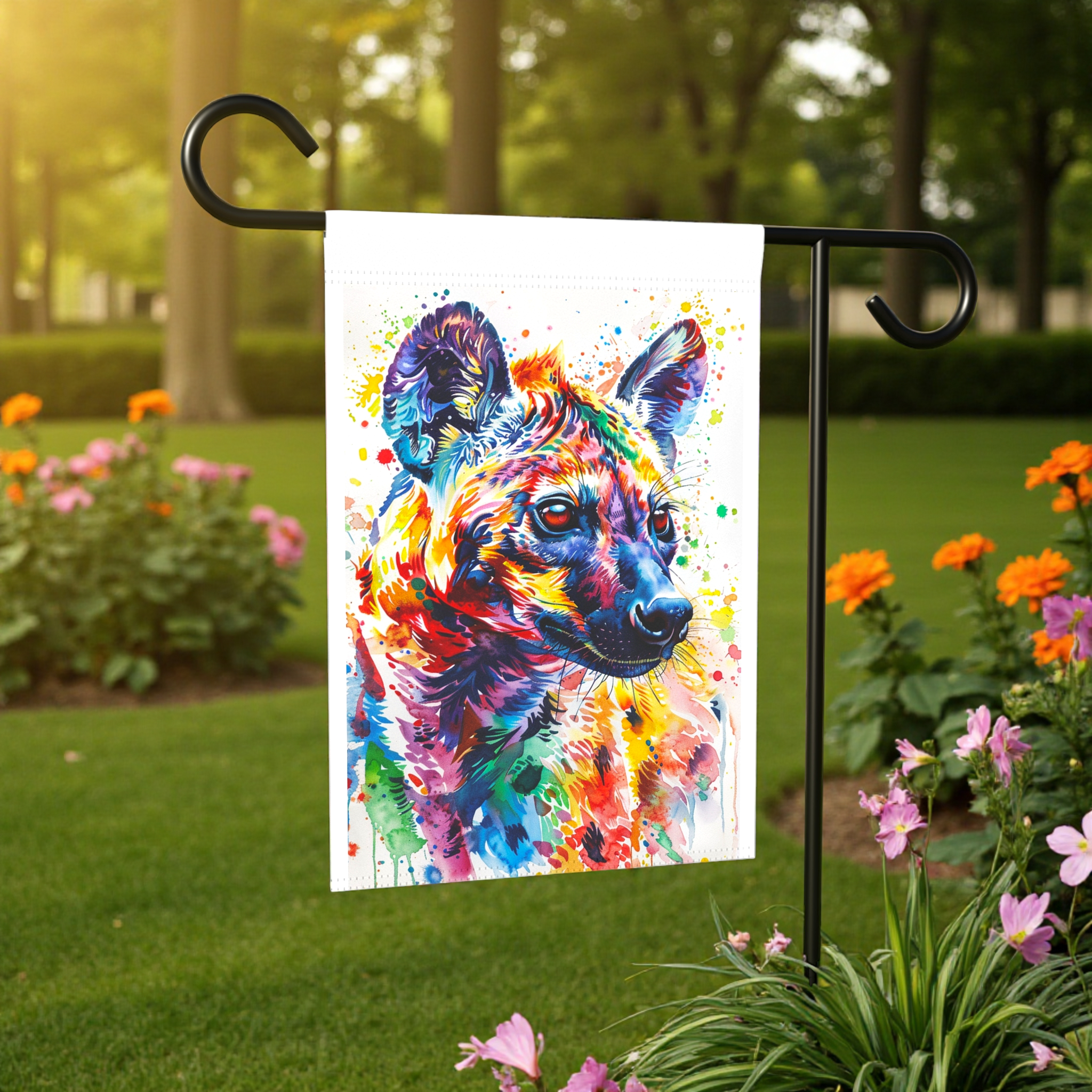 Colorful Hyena Garden Flag - front view - Dragonfire Gardens