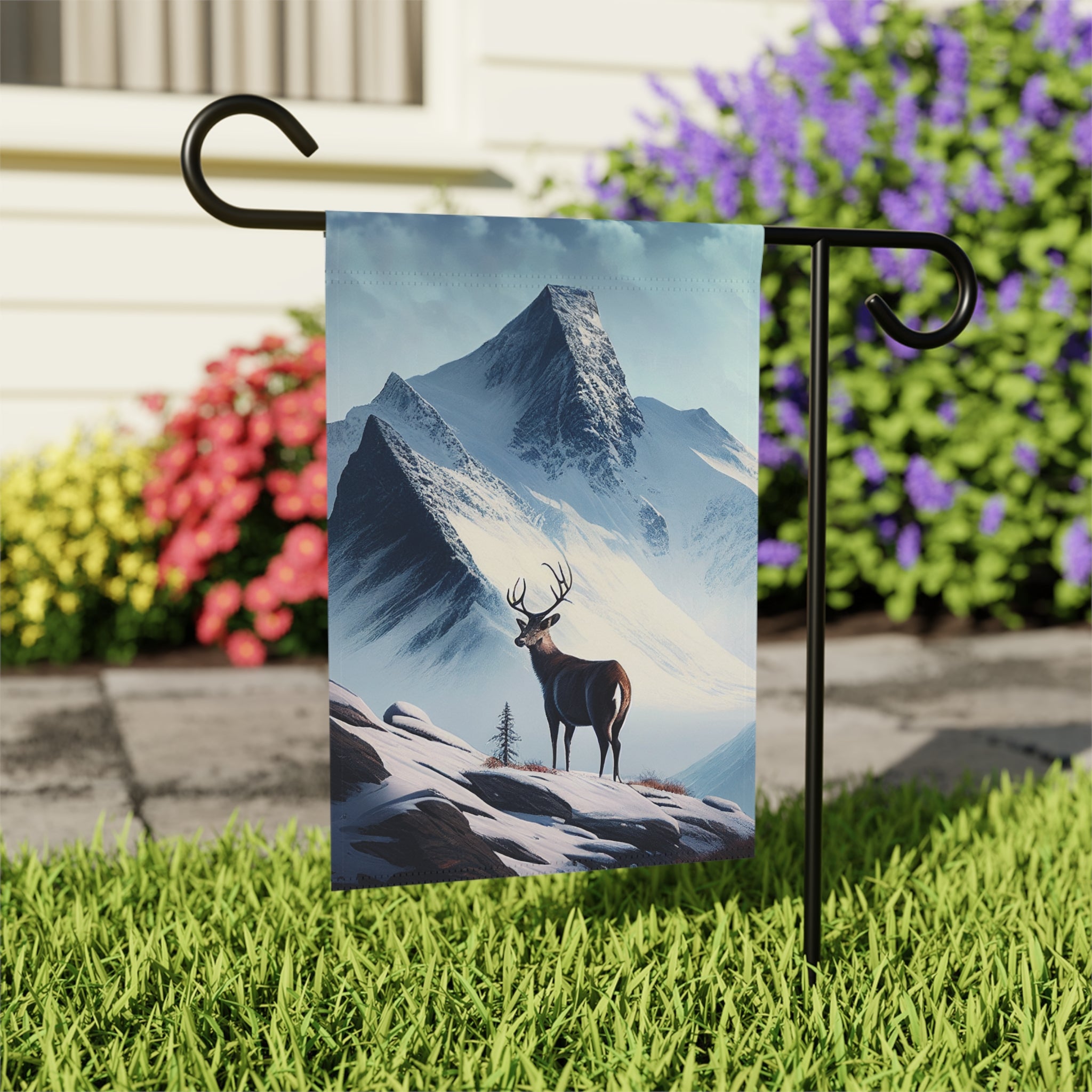 Deer and Snowy Mountain Garden Flag - outdoor display - Dragonfire Gardens