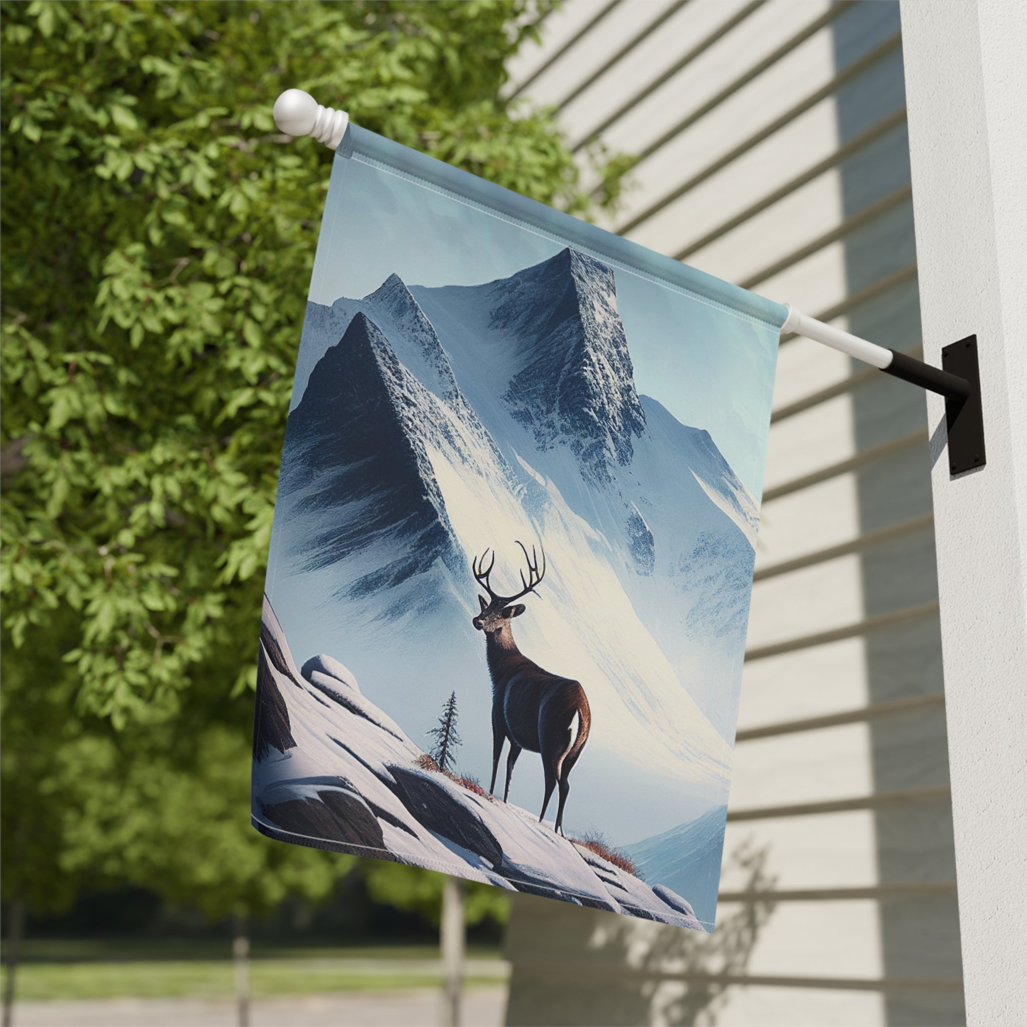 Deer and Snowy Mountain Garden Flag - close-up detail - Dragonfire Gardens