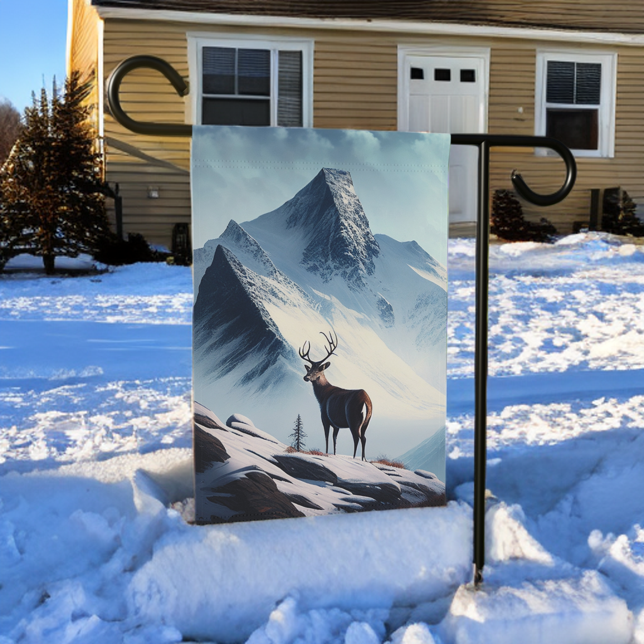 Deer and Snowy Mountain Garden Flag - size comparison - Dragonfire Gardens
