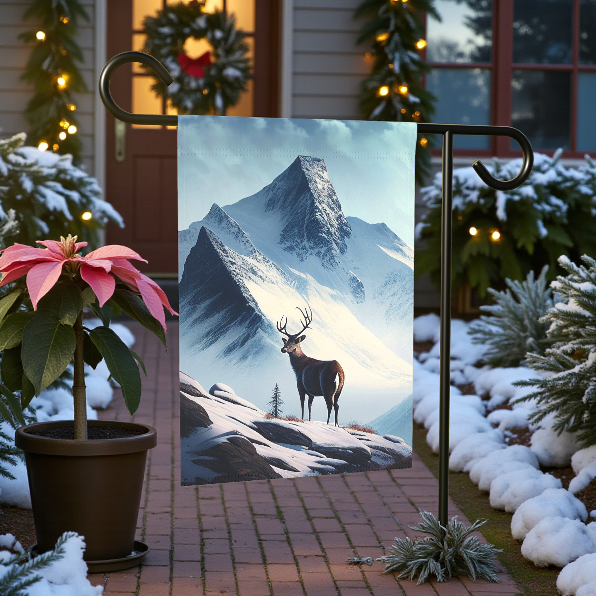 Deer and Snowy Mountain Garden Flag - front view - Dragonfire Gardens
