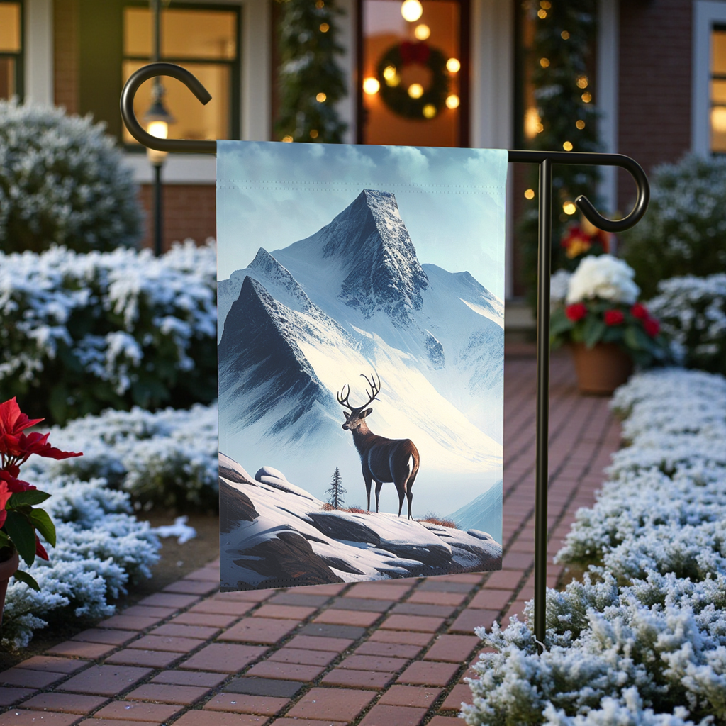 Deer and Snowy Mountain Garden Flag - lifestyle display - Dragonfire Gardens
