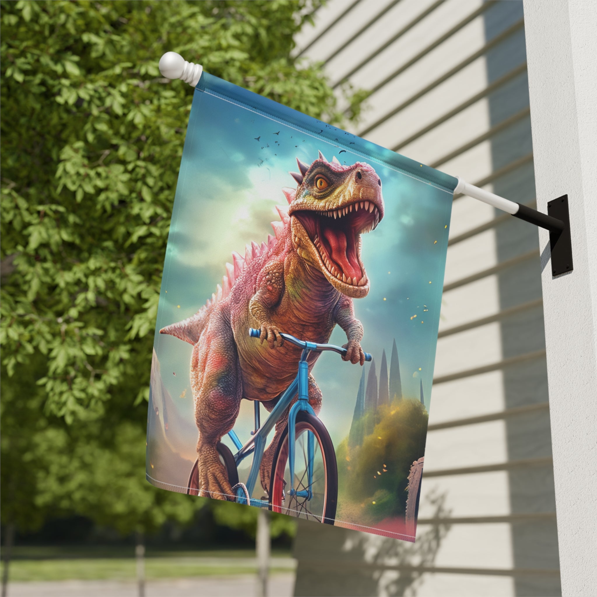 Dinosaur Bicycle Garden Flag - close-up detail - Dragonfire Gardens