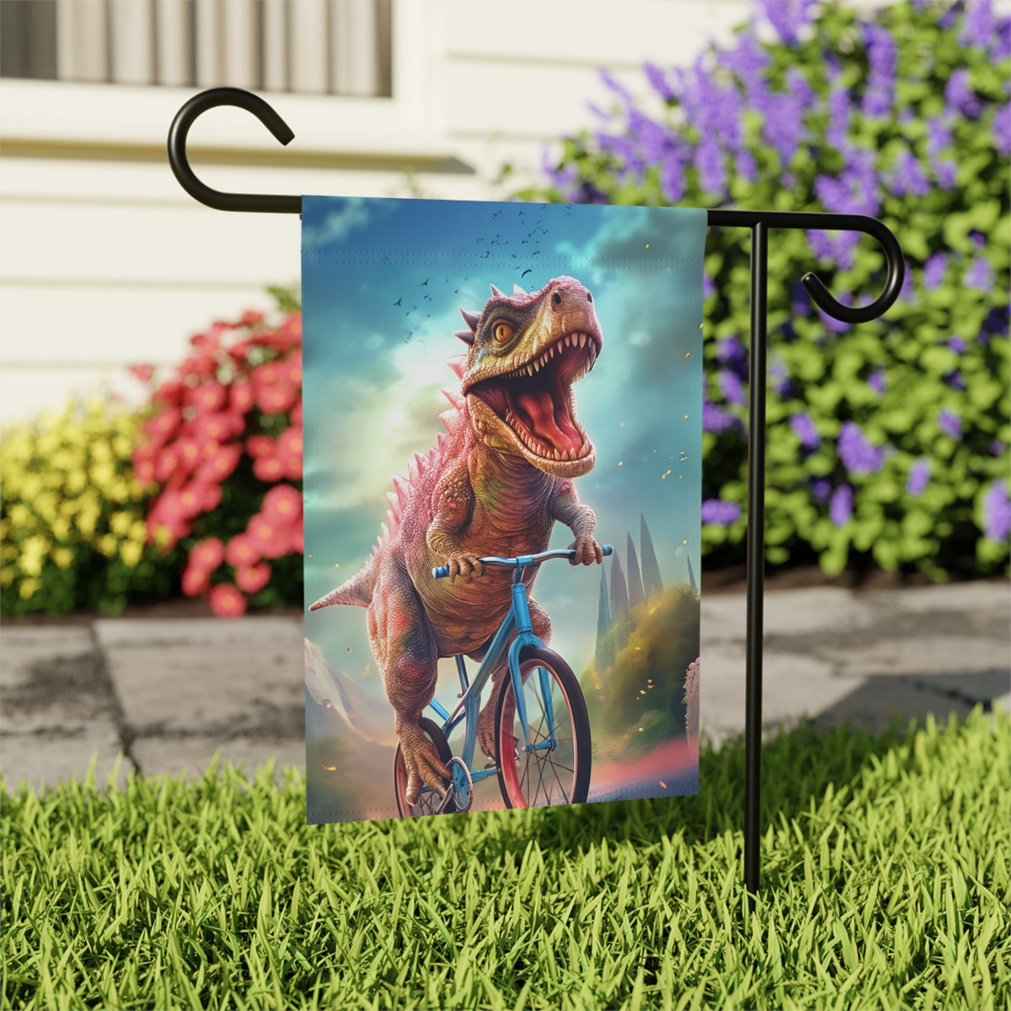 Dinosaur Bicycle Garden Flag