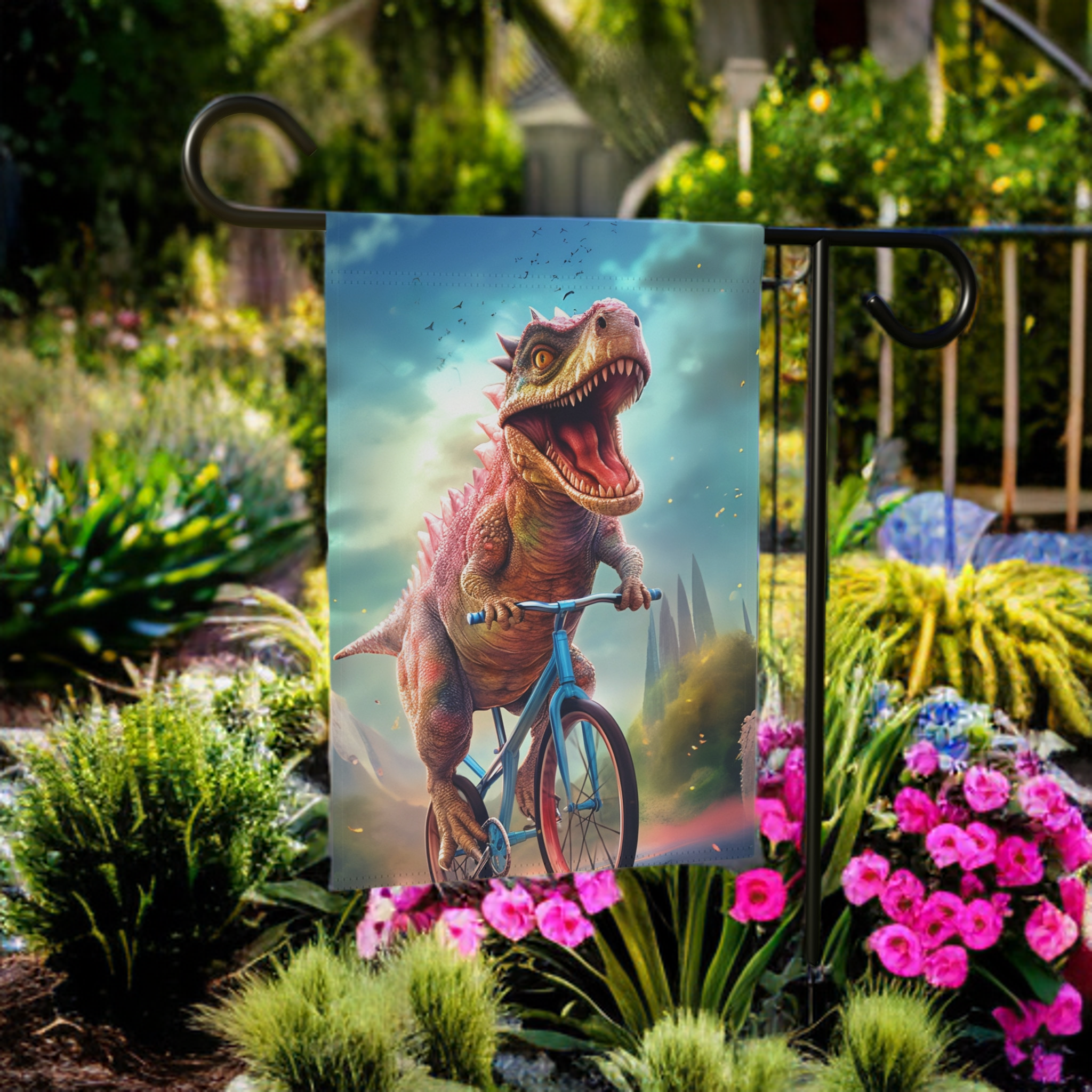 Dinosaur Bicycle Garden Flag