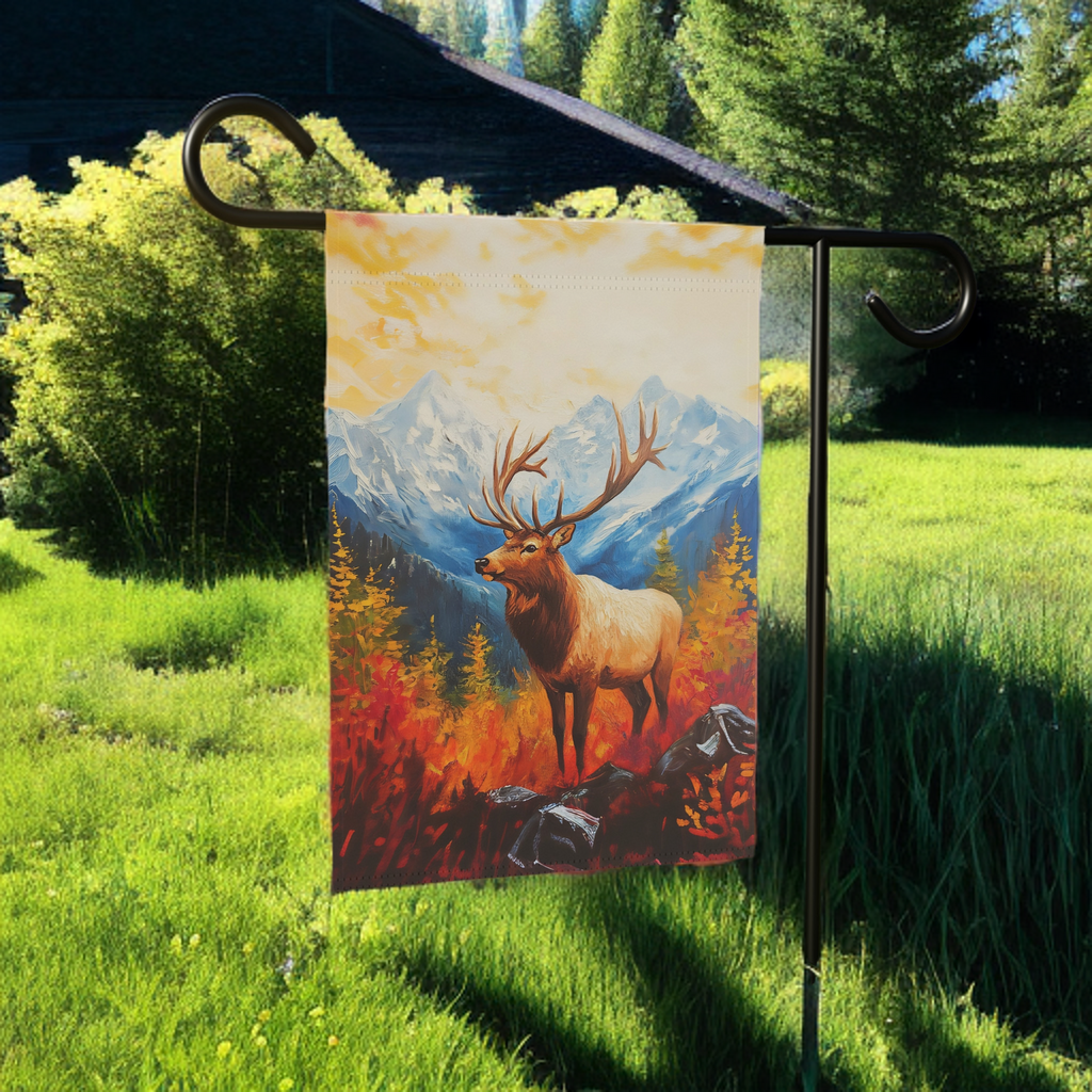 Elk Mountain Fall Garden Flag - lifestyle display - Dragonfire Gardens