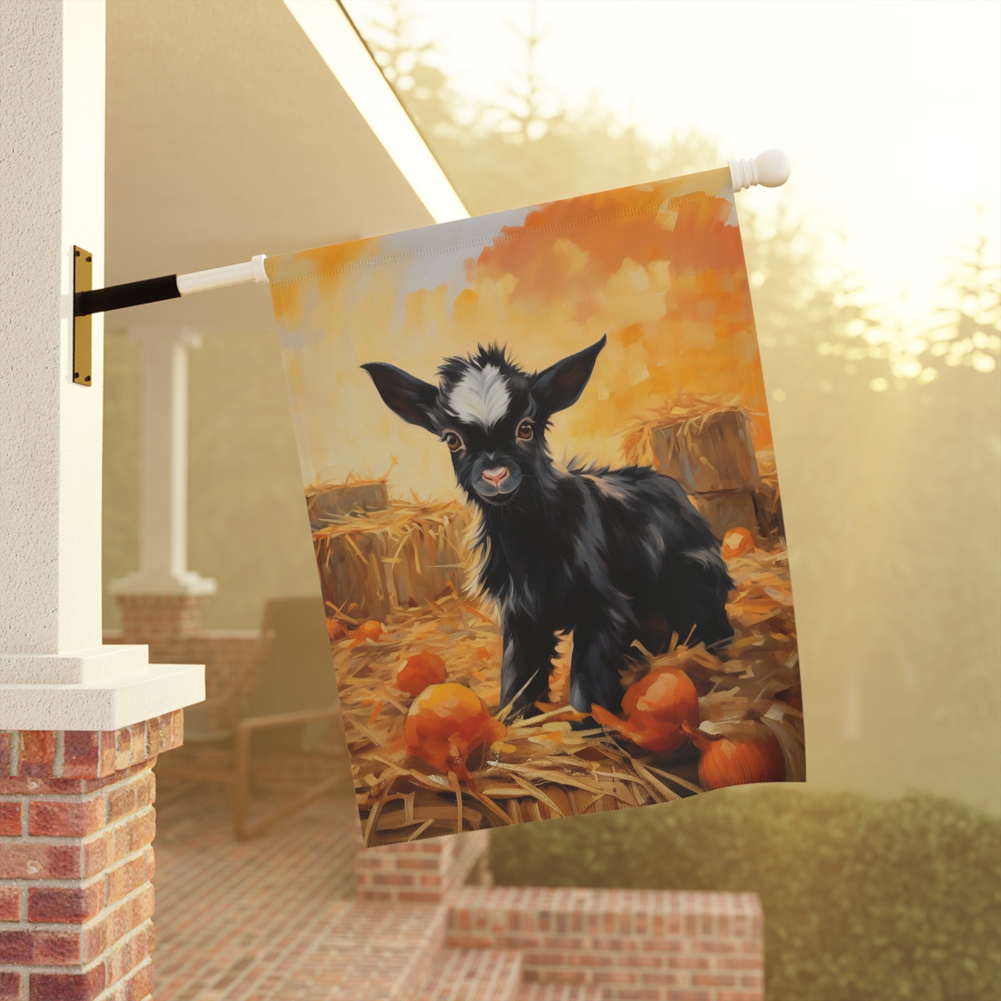 Pumpkin Patch Baby Goat Garden Flag - close-up detail - Dragonfire Gardens