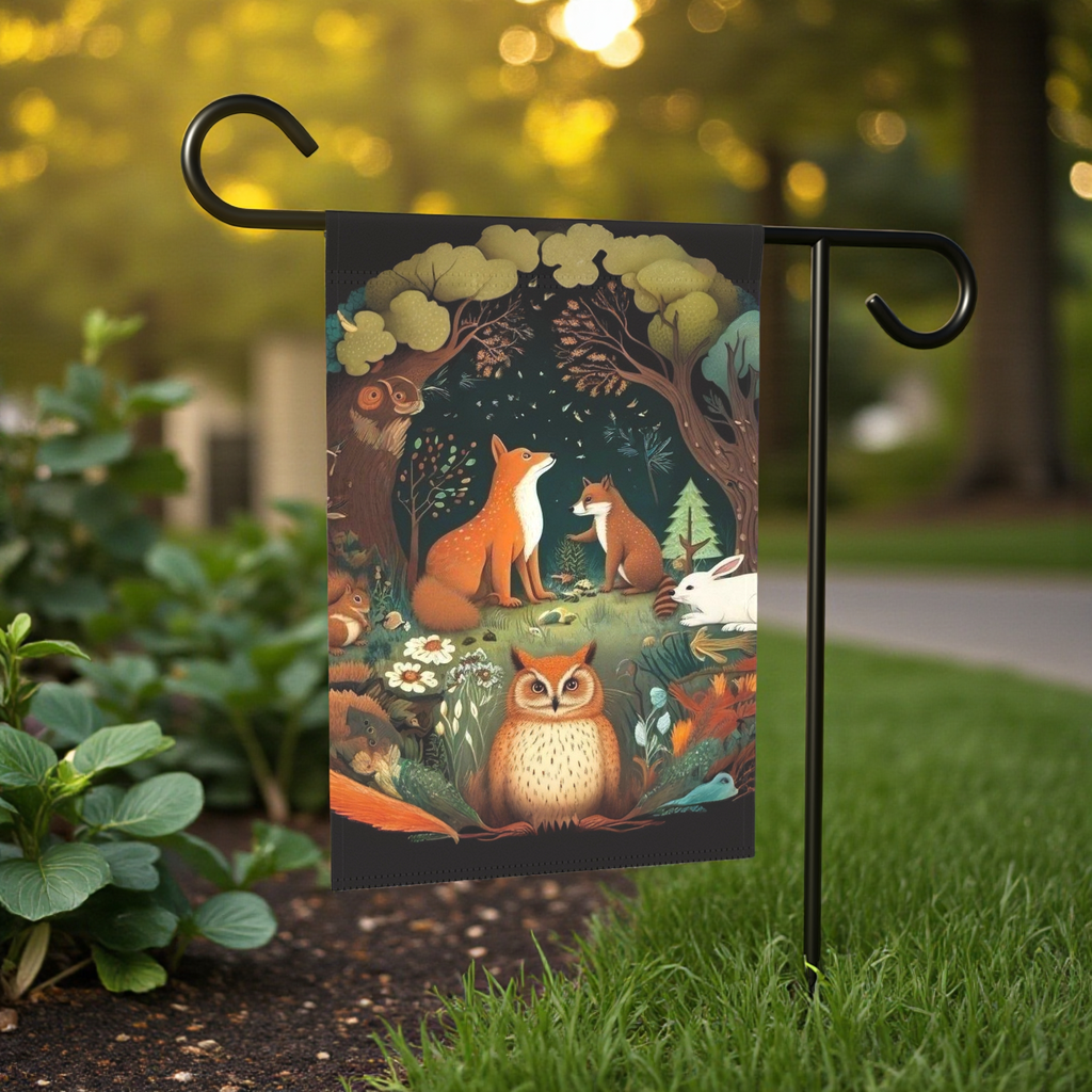 Forest Animals Garden Flag - lifestyle display - Dragonfire Gardens