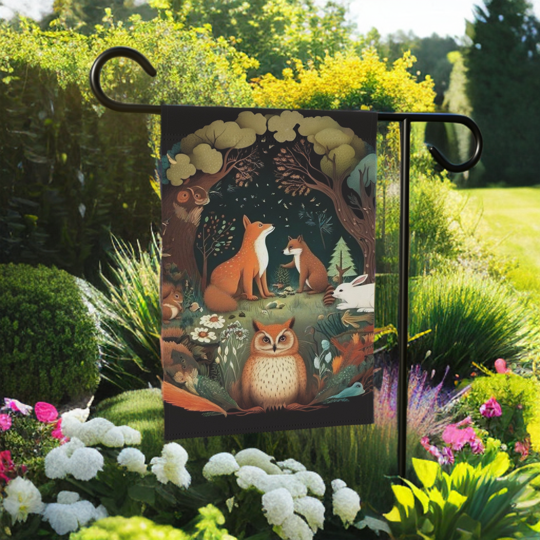 Forest Animals Garden Flag - size comparison - Dragonfire Gardens