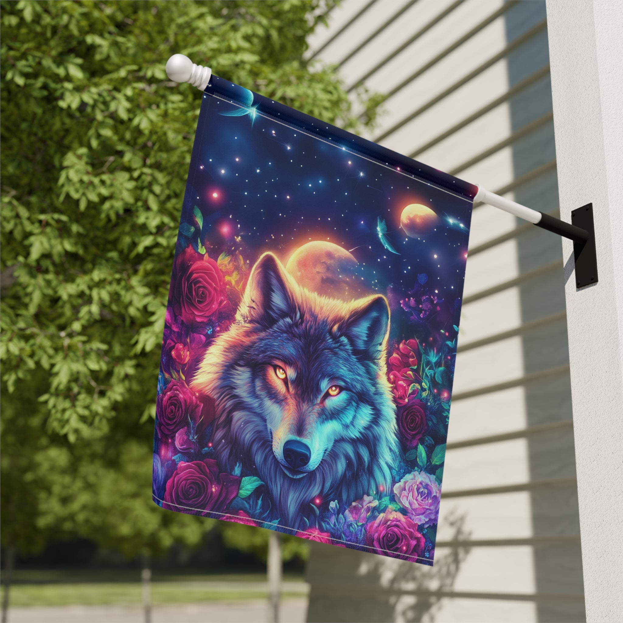Rose Garden Wolf Garden Flag - close-up detail - Dragonfire Gardens
