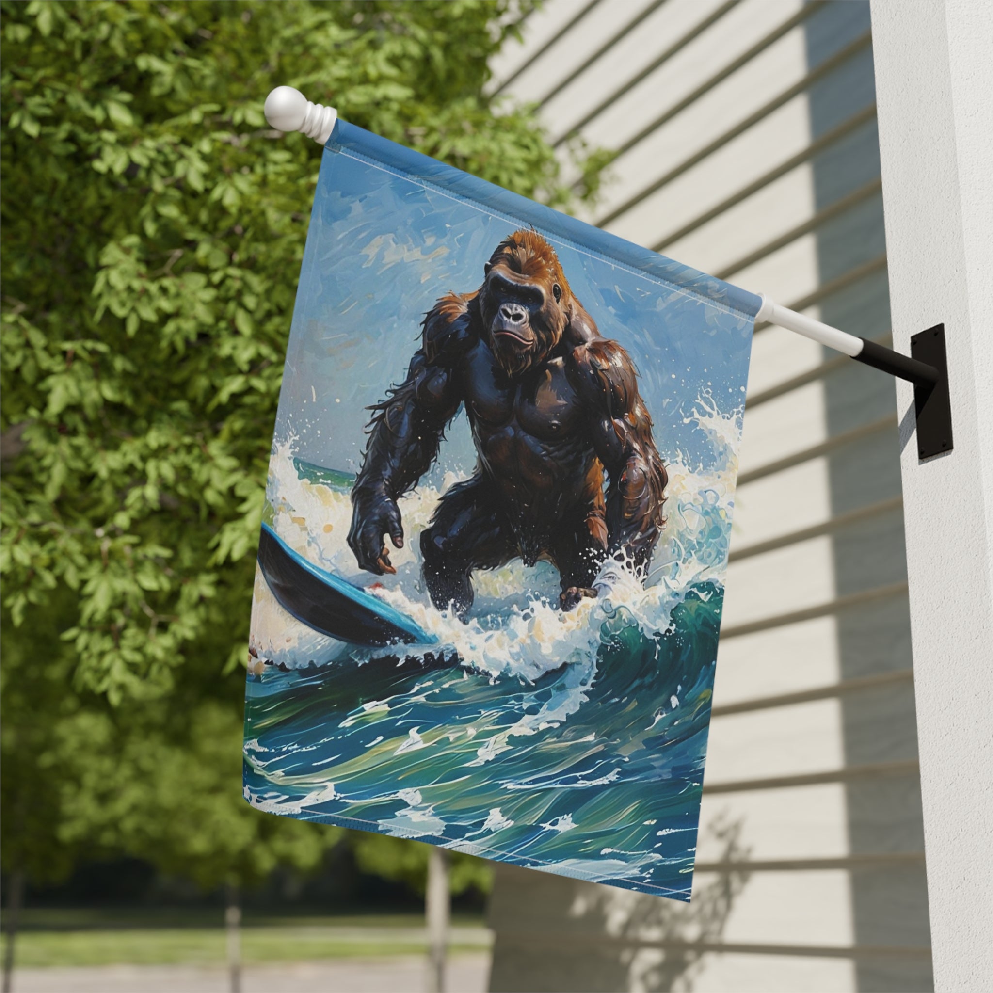 Surfing Gorilla Garden Flag - close-up detail - Dragonfire Gardens