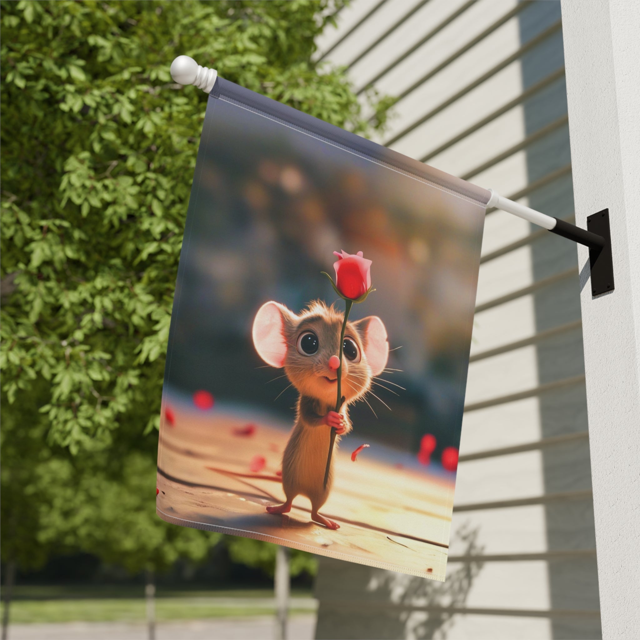 Mouse and Red Rose Valentines Garden Flag