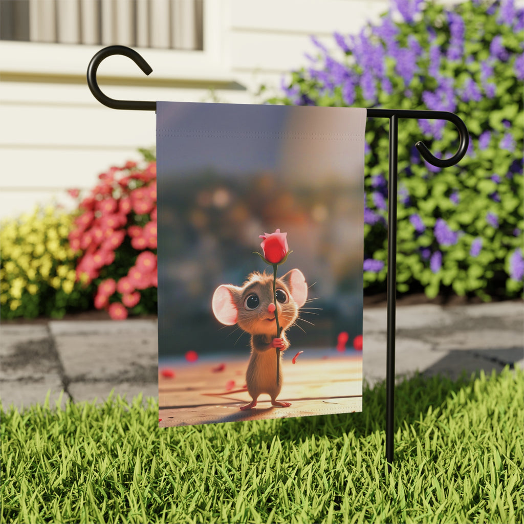 Mouse and Red Rose Valentines Garden Flag - outdoor display - Dragonfire Gardens