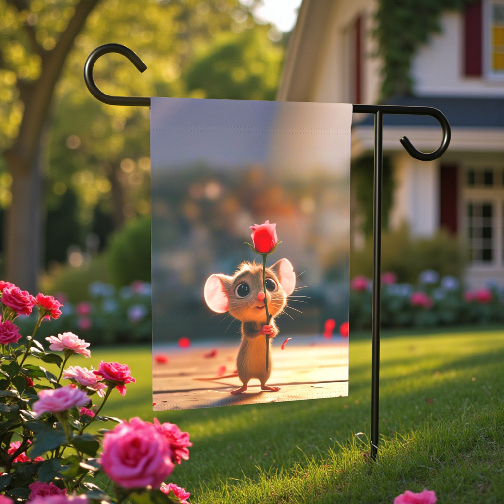 Mouse and Red Rose Valentines Garden Flag - front view - Dragonfire Gardens