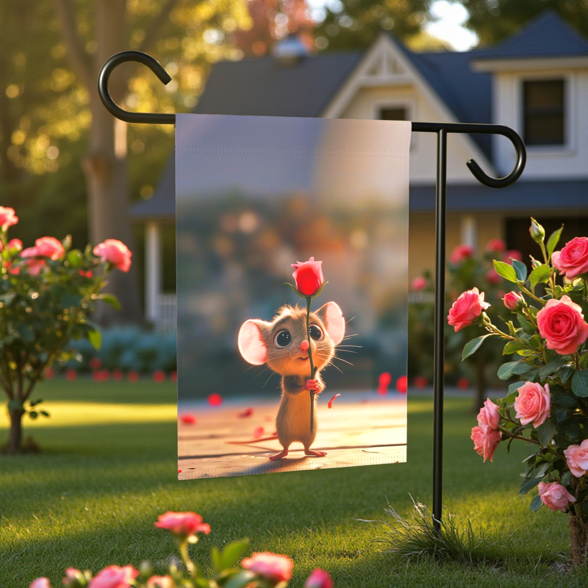 Mouse and Red Rose Valentines Garden Flag - lifestyle display - Dragonfire Gardens