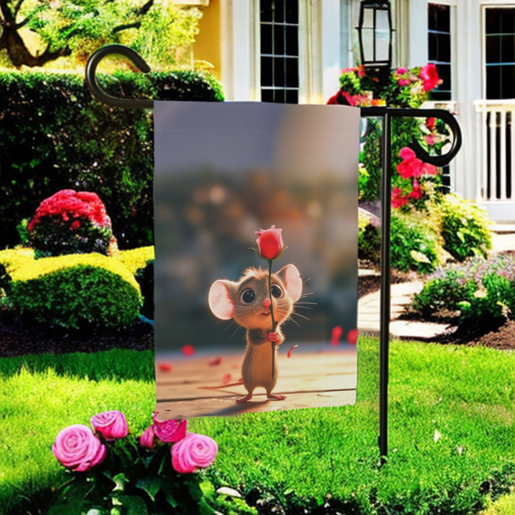 Mouse and Red Rose Valentines Garden Flag - size comparison - Dragonfire Gardens