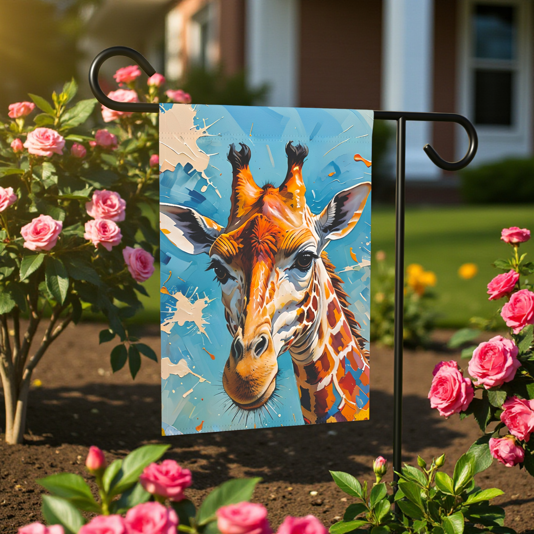 Painted Giraffe Garden Flag - front view - Dragonfire Gardens