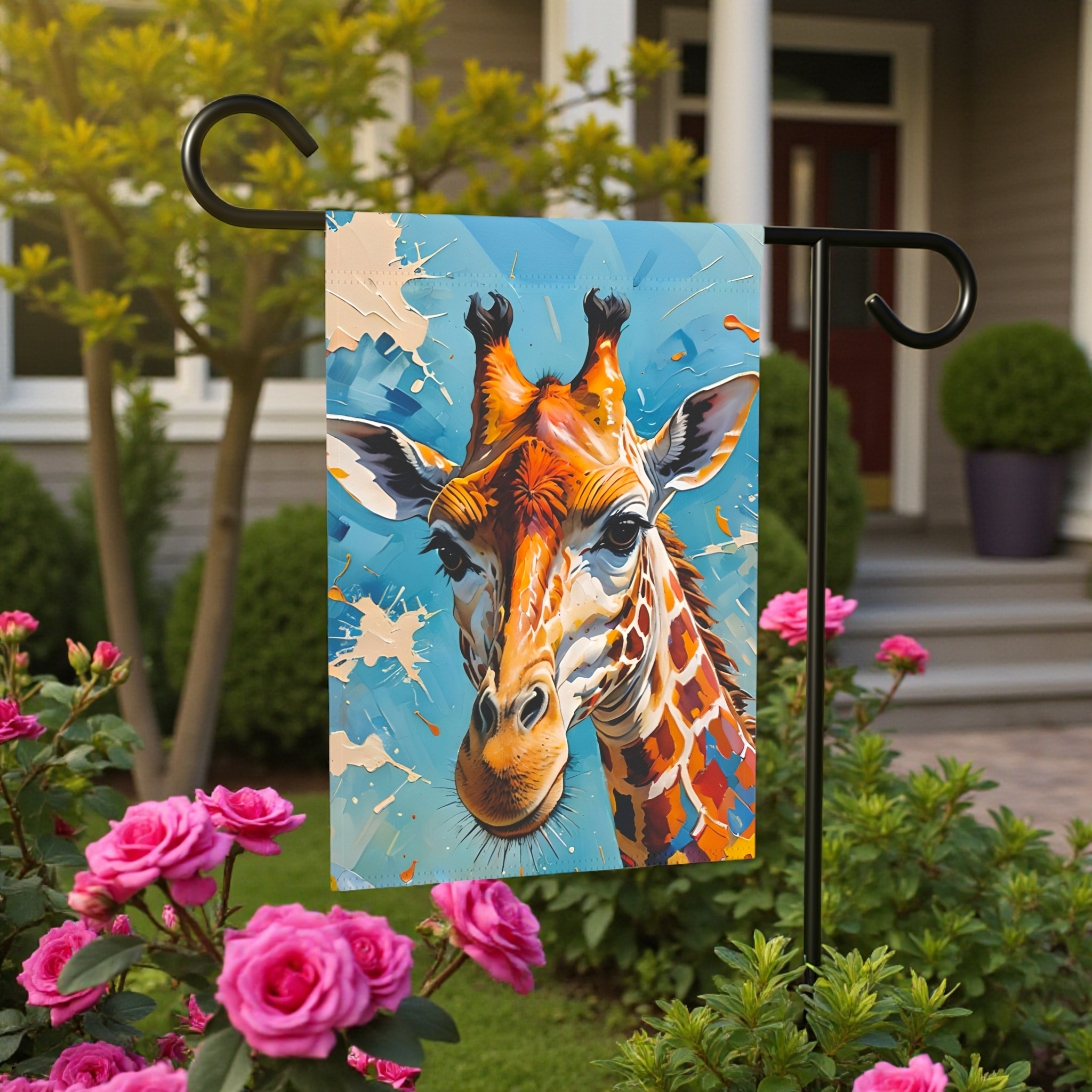 Painted Giraffe Garden Flag - size comparison - Dragonfire Gardens