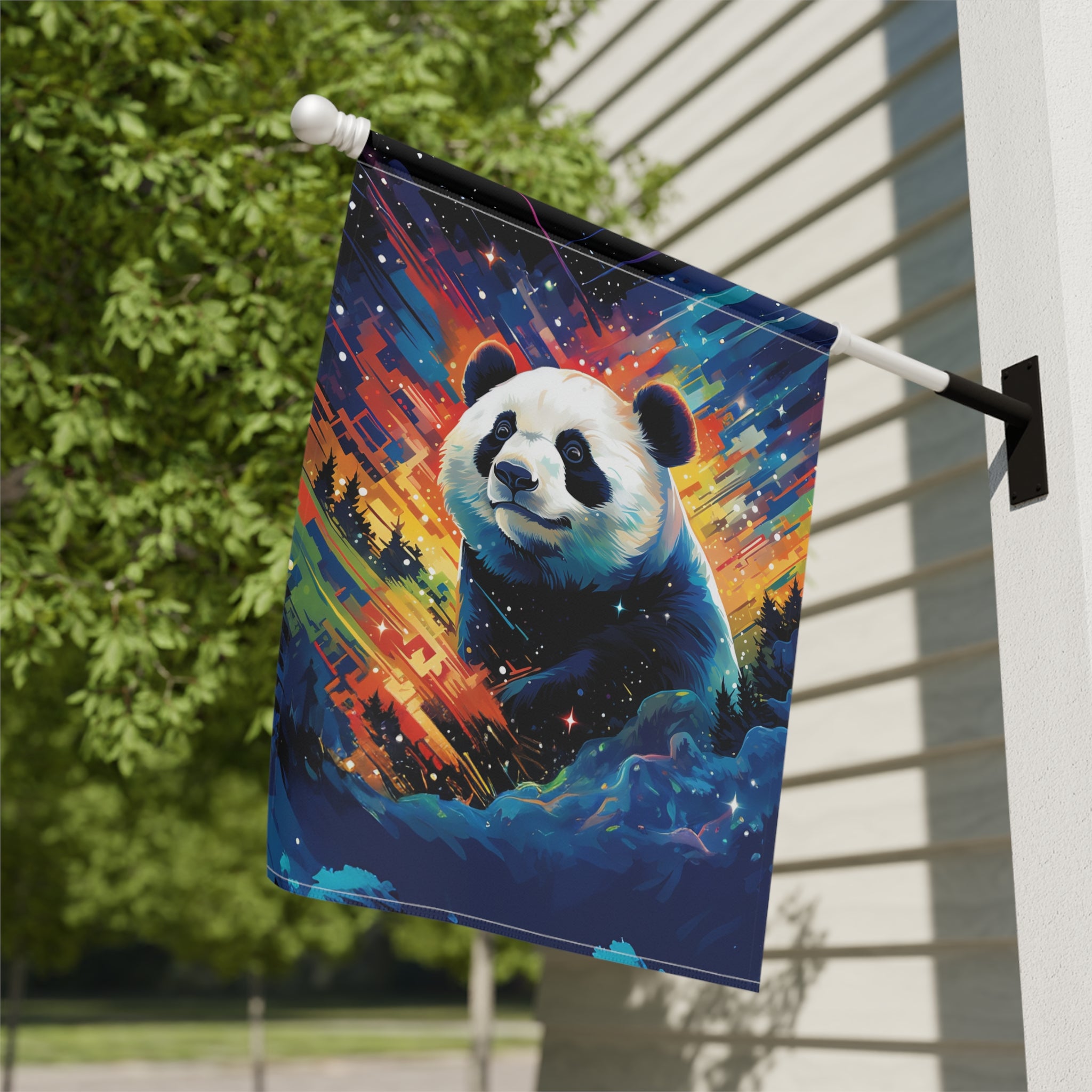 Colorful Sky Panda Garden Flag - close-up detail - Dragonfire Gardens