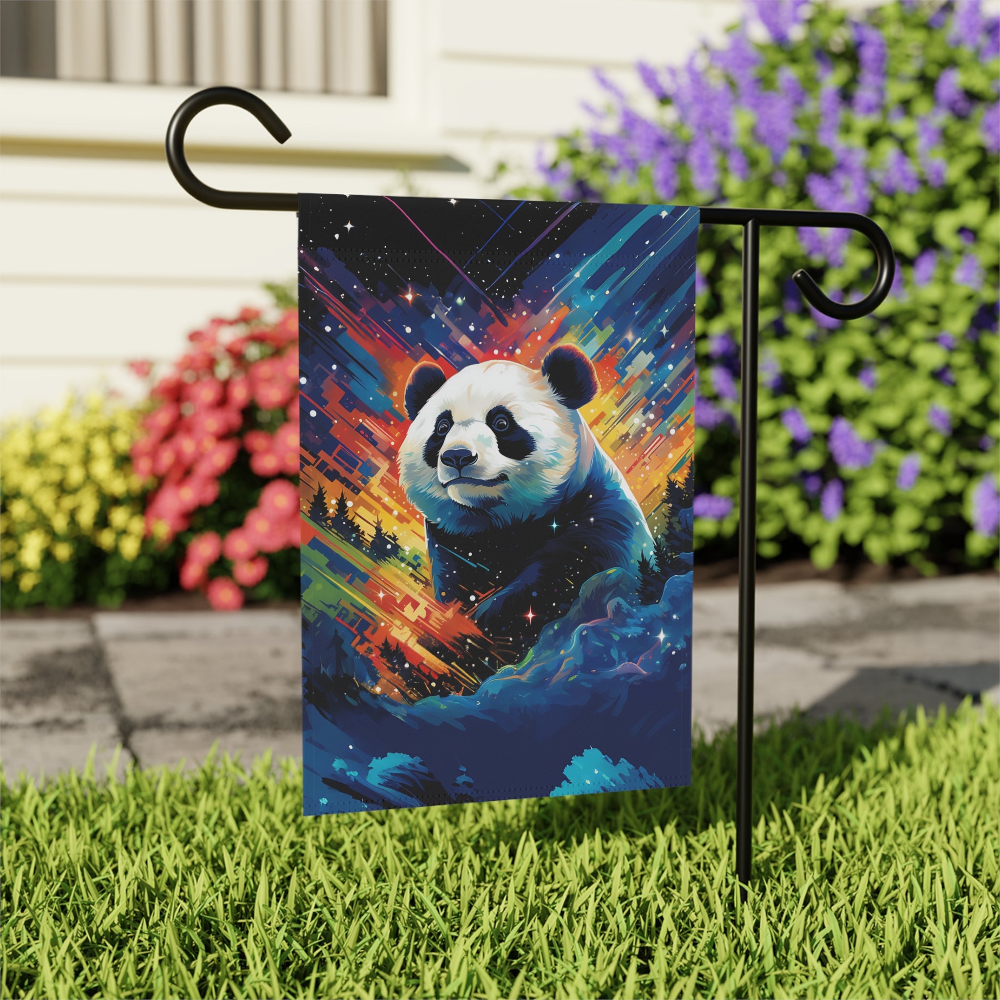 Colorful Sky Panda Garden Flag - outdoor display - Dragonfire Gardens