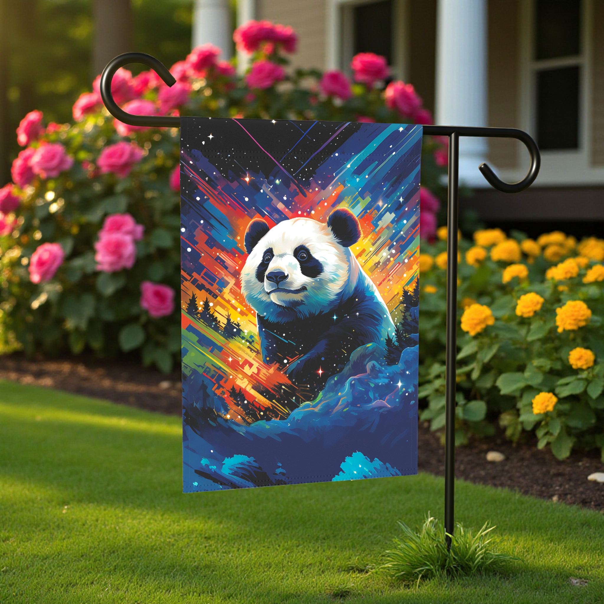 Colorful Sky Panda Garden Flag - front view - Dragonfire Gardens