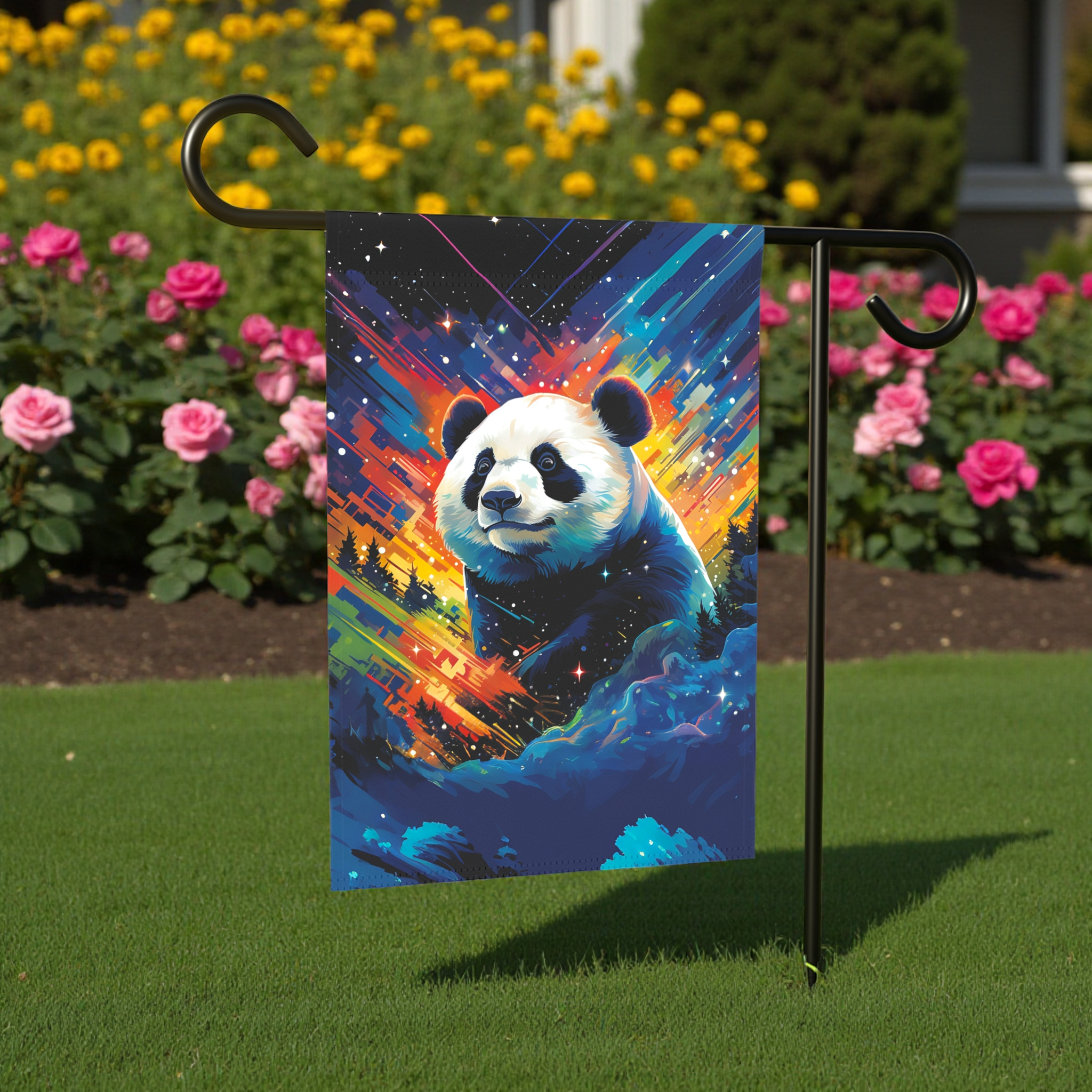 Colorful Sky Panda Garden Flag - size comparison - Dragonfire Gardens