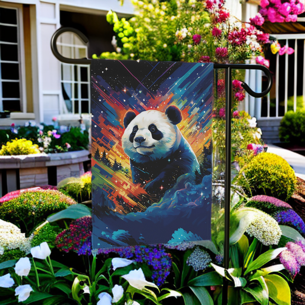 Colorful Sky Panda Garden Flag - lifestyle display - Dragonfire Gardens