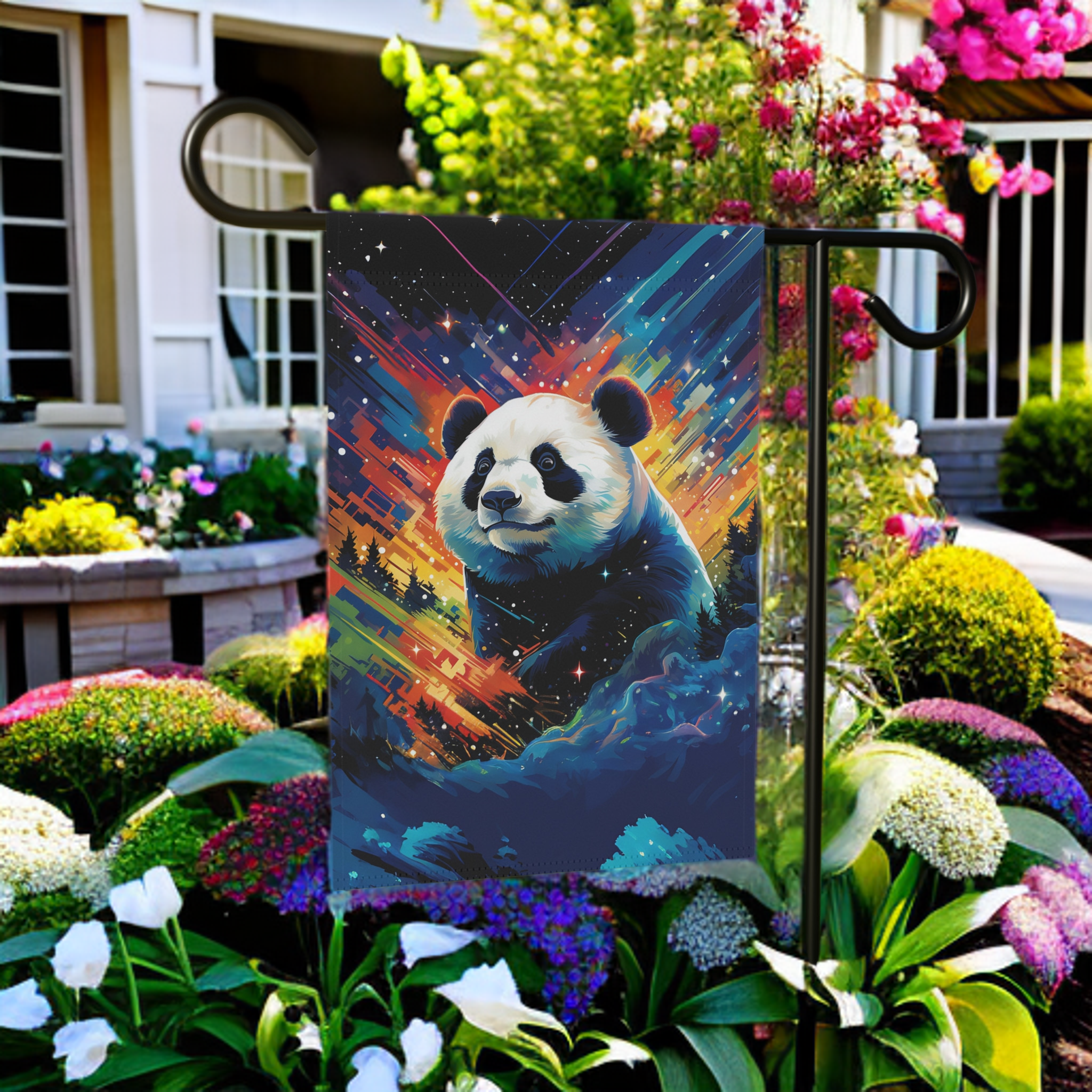 Colorful Sky Panda Garden Flag - lifestyle display - Dragonfire Gardens