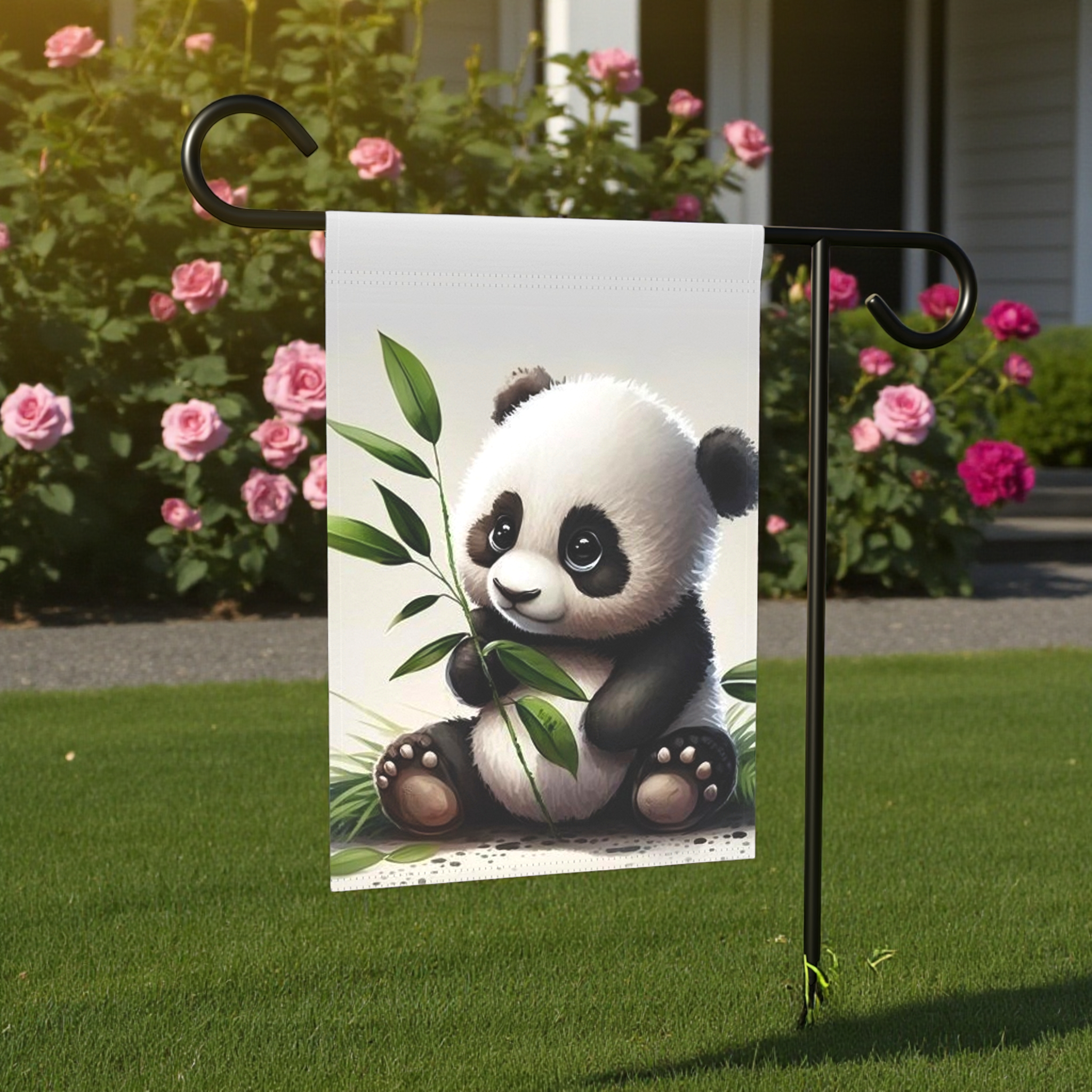 Baby Panda Garden Flag - size comparison - Dragonfire Gardens