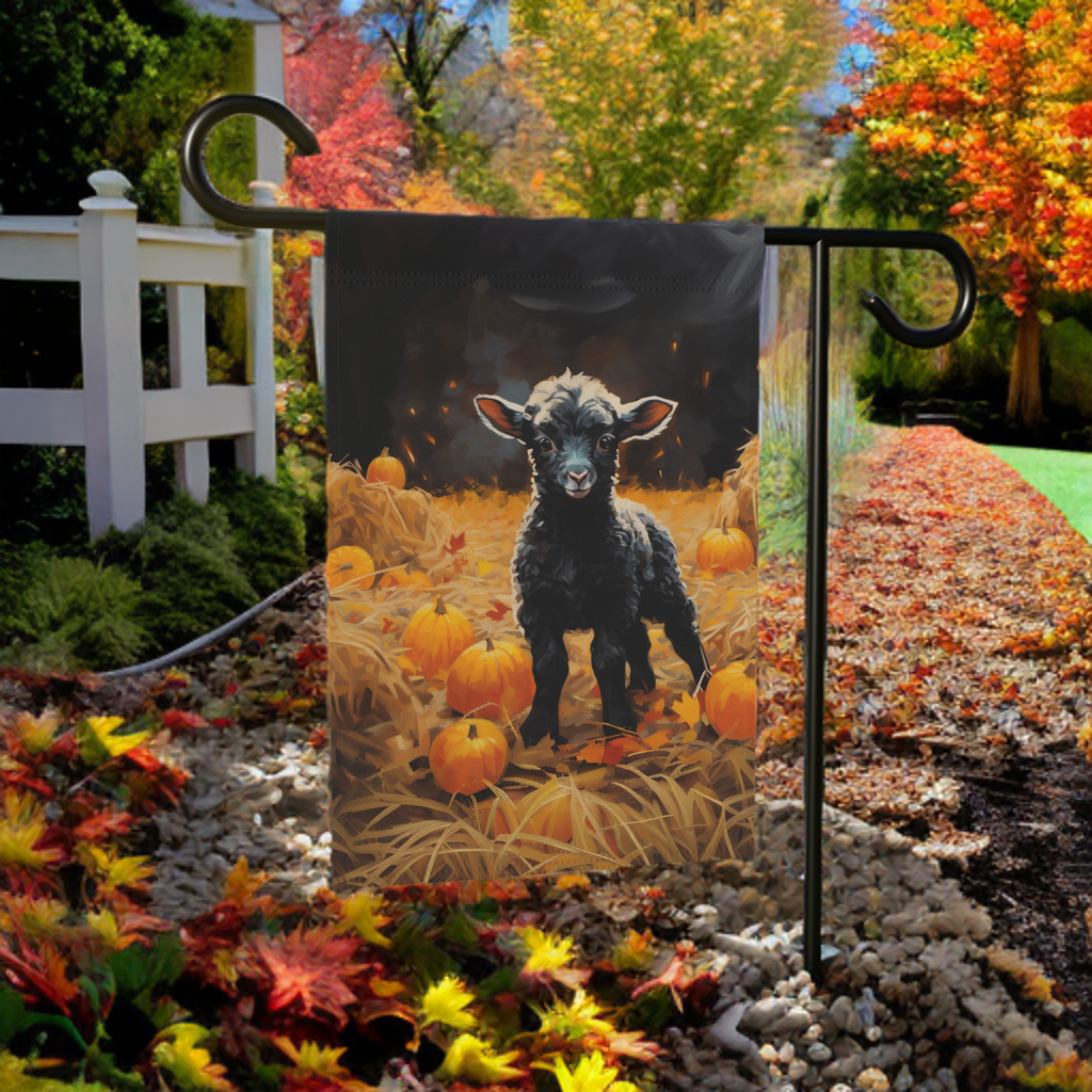 Pumpkin Patch Black Lamb Garden Flag - size comparison - Dragonfire Gardens