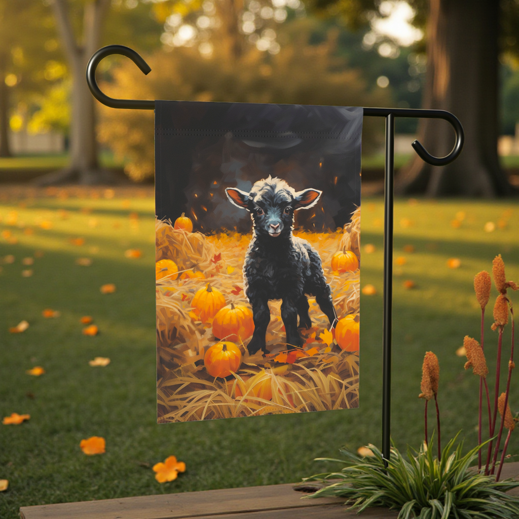 Pumpkin Patch Black Lamb Garden Flag - lifestyle display - Dragonfire Gardens