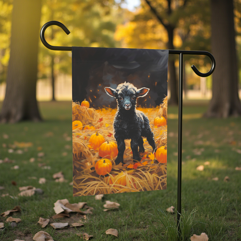 Pumpkin Patch Black Lamb Garden Flag - front view - Dragonfire Gardens