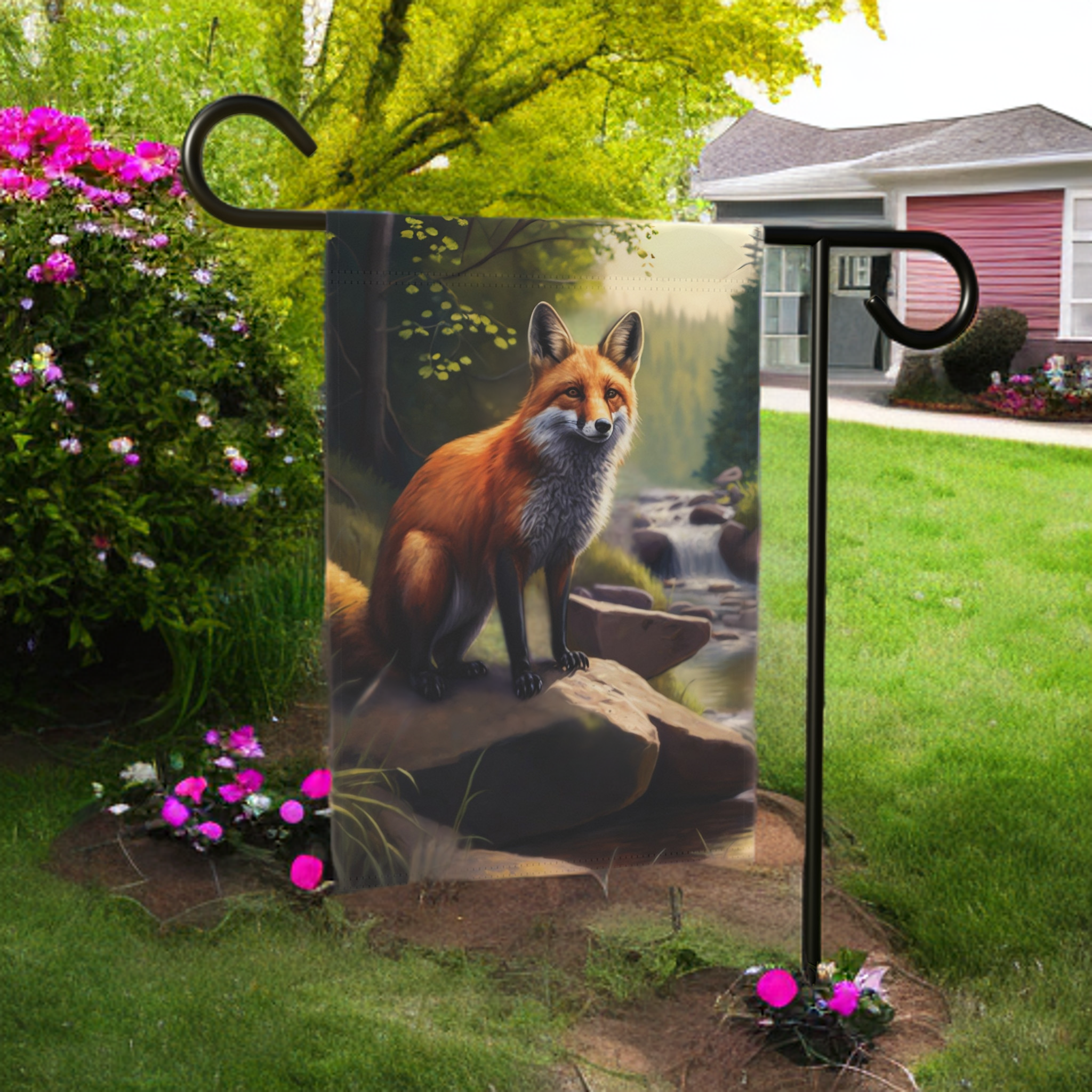 Red Fox by the Stream Garden Flag