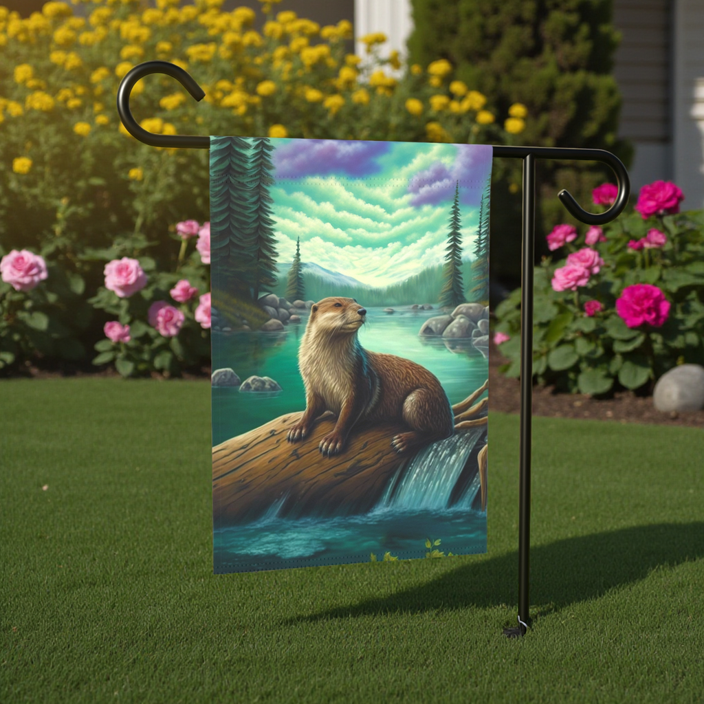 River Otter Garden Flag - lifestyle display - Dragonfire Gardens