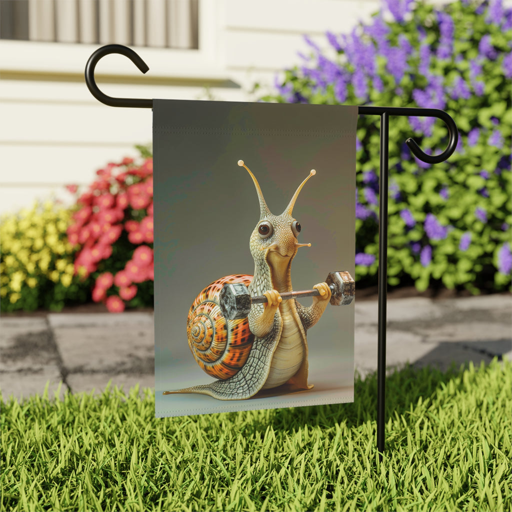 Weight Lifter Snail Fitness Garden Flag - outdoor display - Dragonfire Gardens