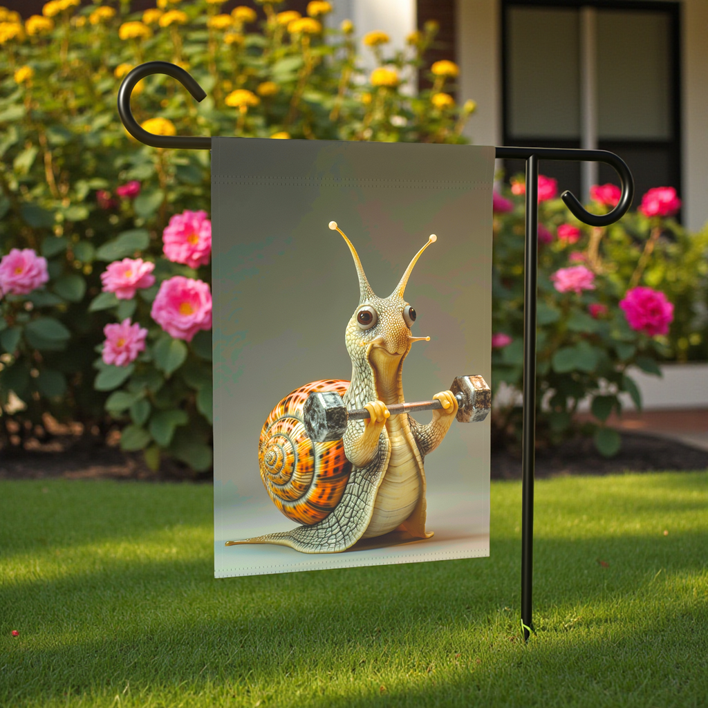 Weight Lifter Snail Fitness Garden Flag - size comparison - Dragonfire Gardens