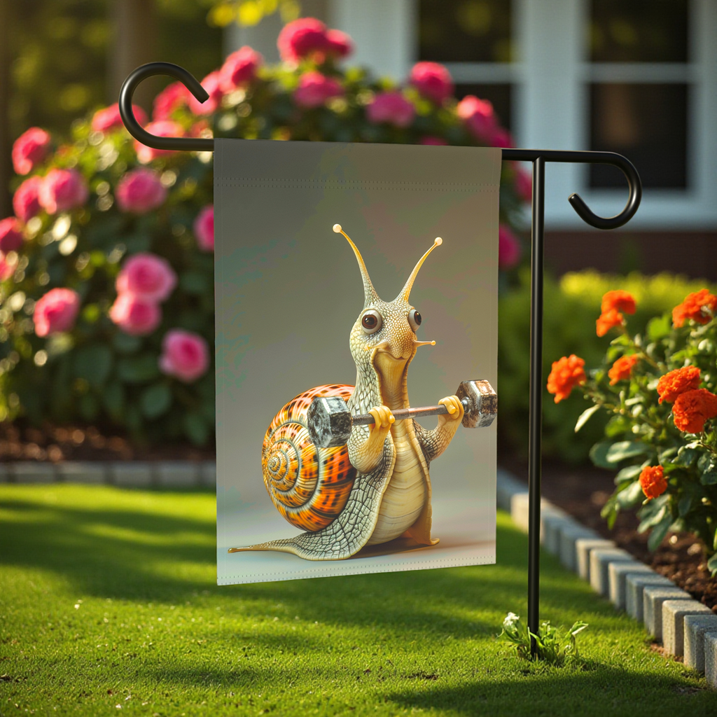Weight Lifter Snail Fitness Garden Flag - front view - Dragonfire Gardens
