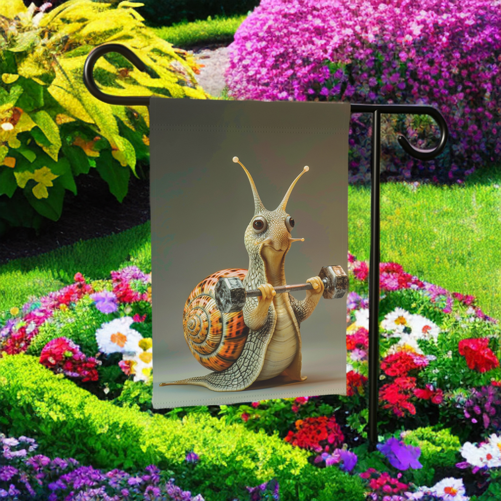 Weight Lifter Snail Fitness Garden Flag - lifestyle display - Dragonfire Gardens