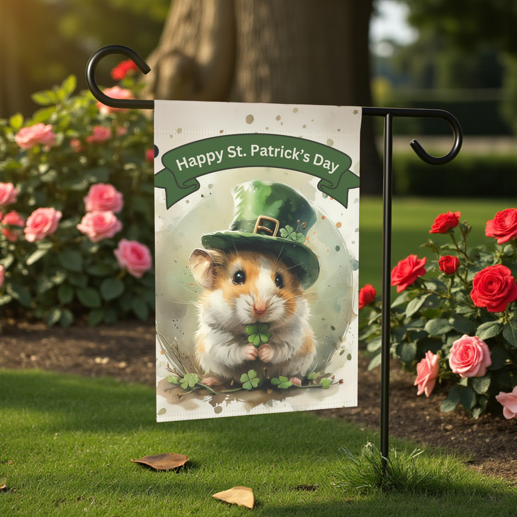 St. Patrick's Day Hamster Garden Flag - front view - Dragonfire Gardens