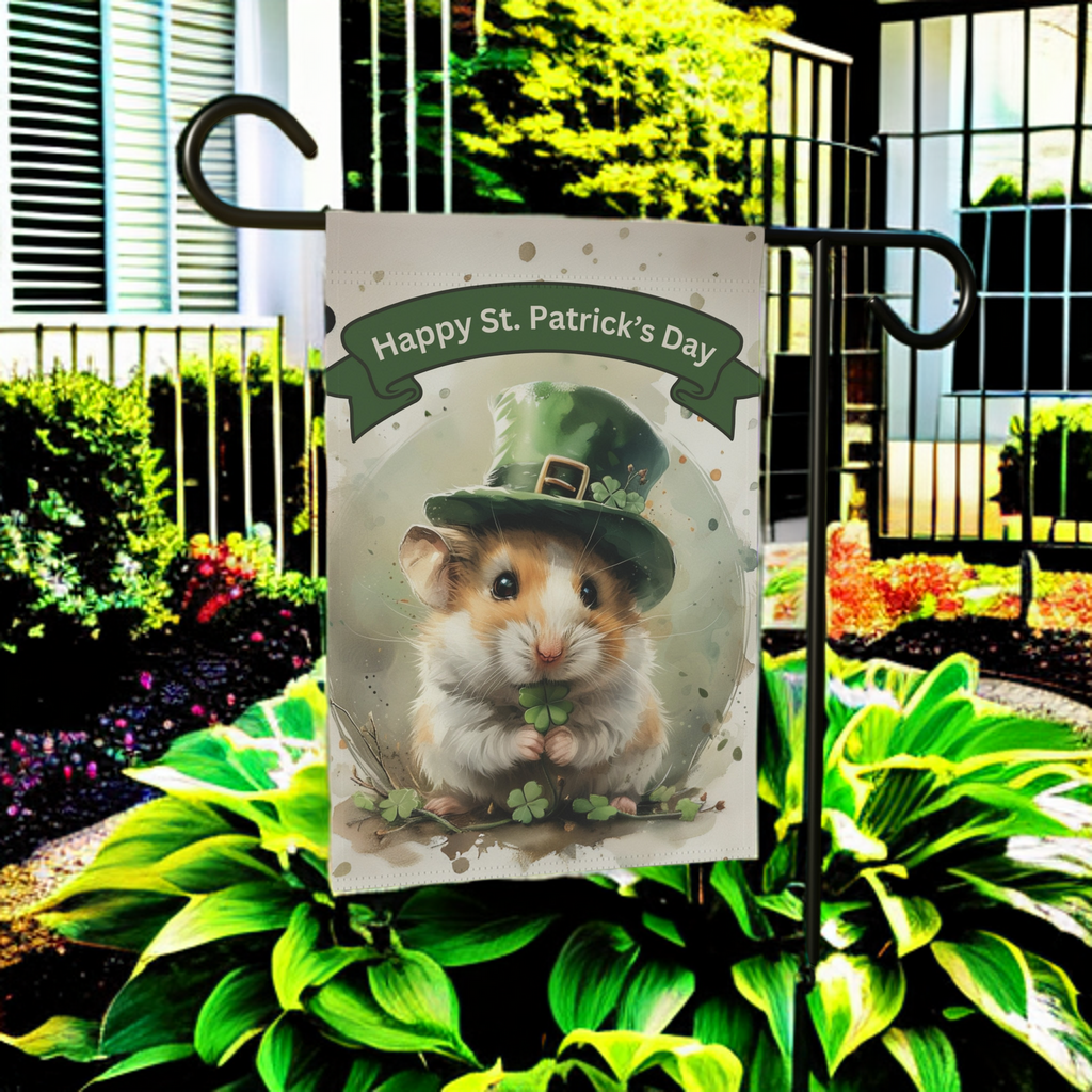 St. Patrick's Day Hamster Garden Flag - lifestyle display - Dragonfire Gardens