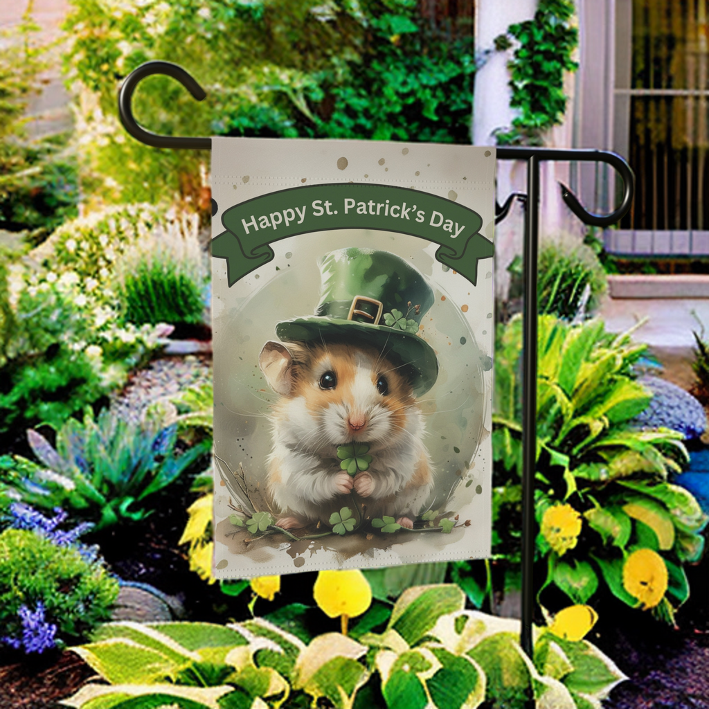St. Patrick's Day Hamster Garden Flag - size comparison - Dragonfire Gardens