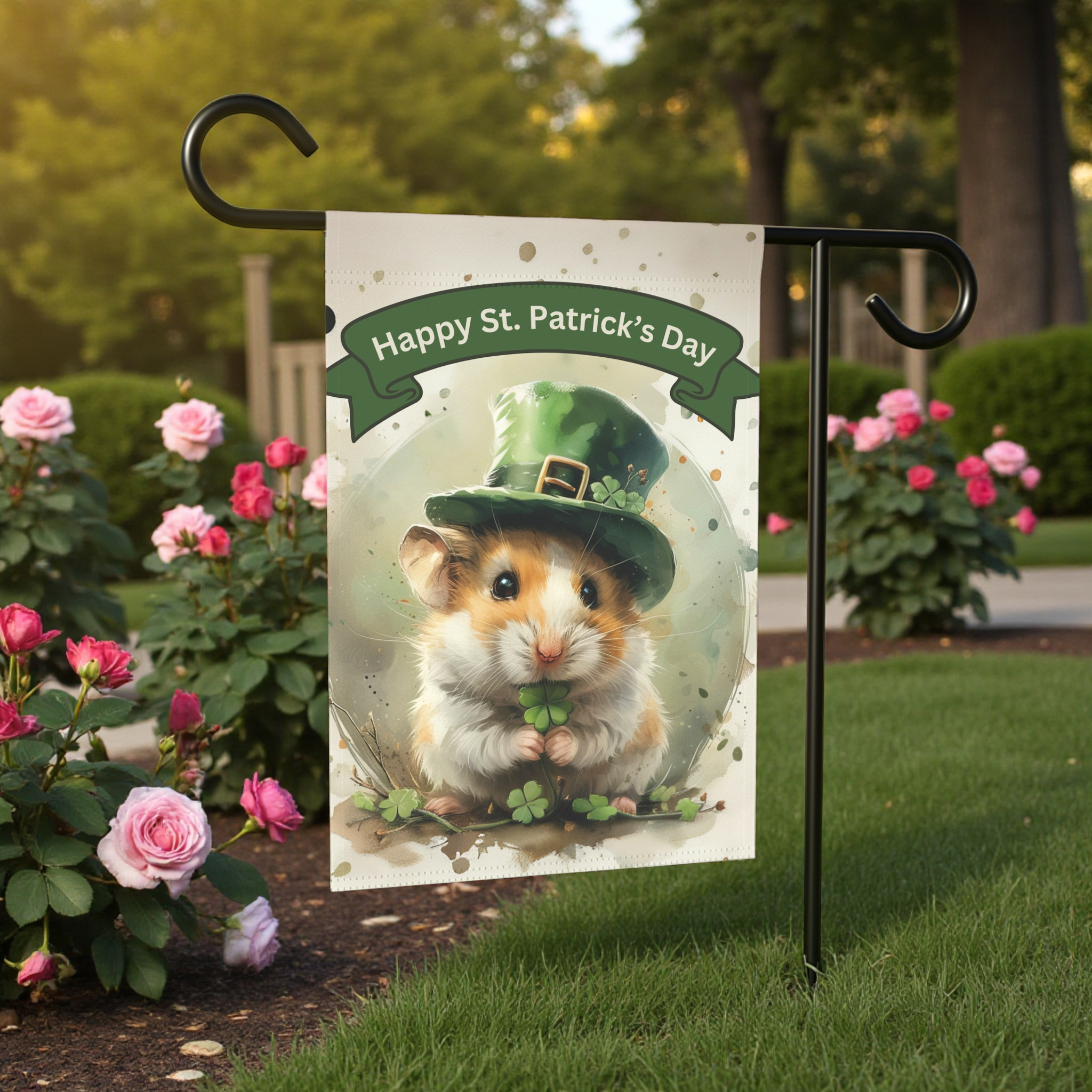 St. Patrick's Day Hamster Garden Flag - product detail - Dragonfire Gardens