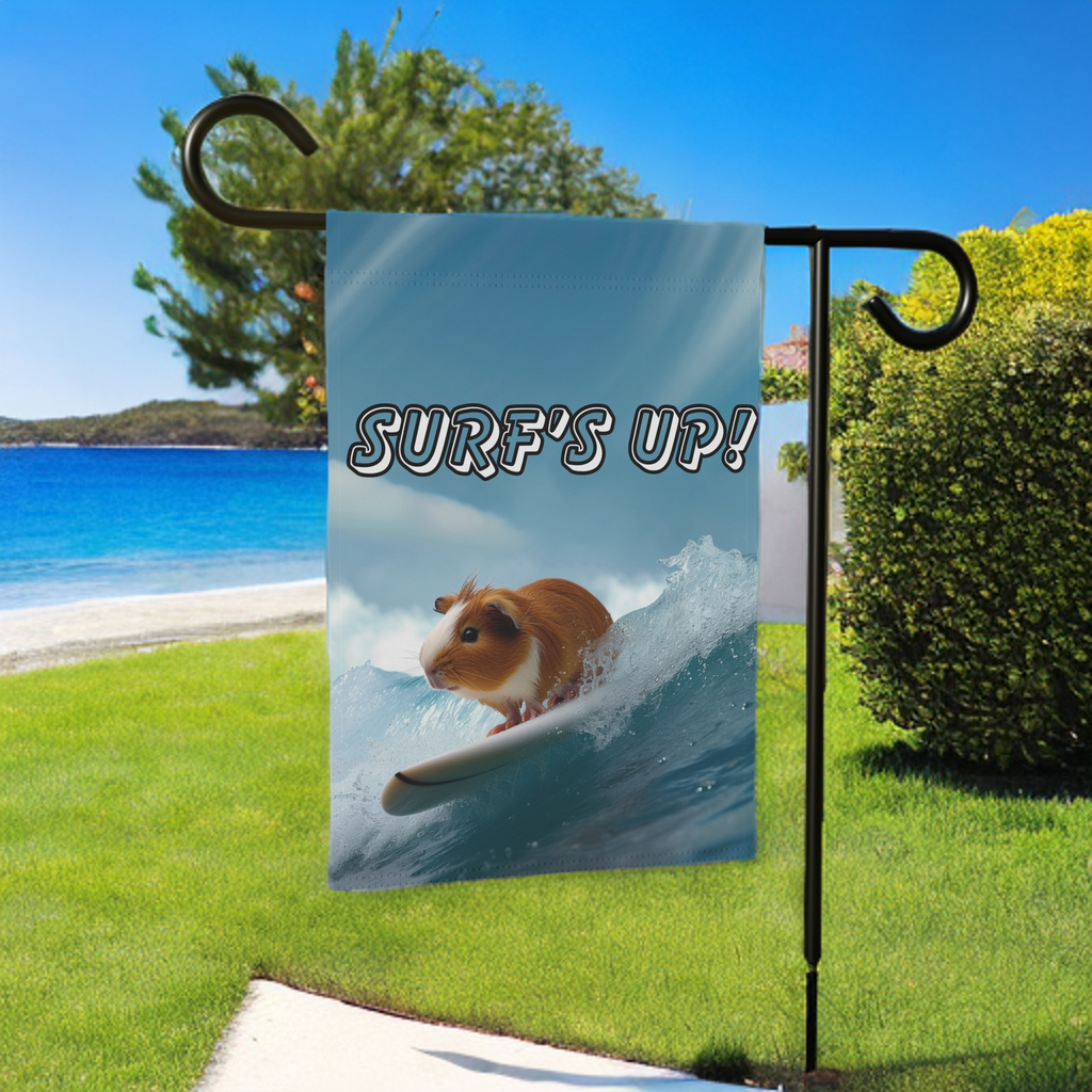 Surf's Up! Guinea Pig Garden Flag - size comparison - Dragonfire Gardens