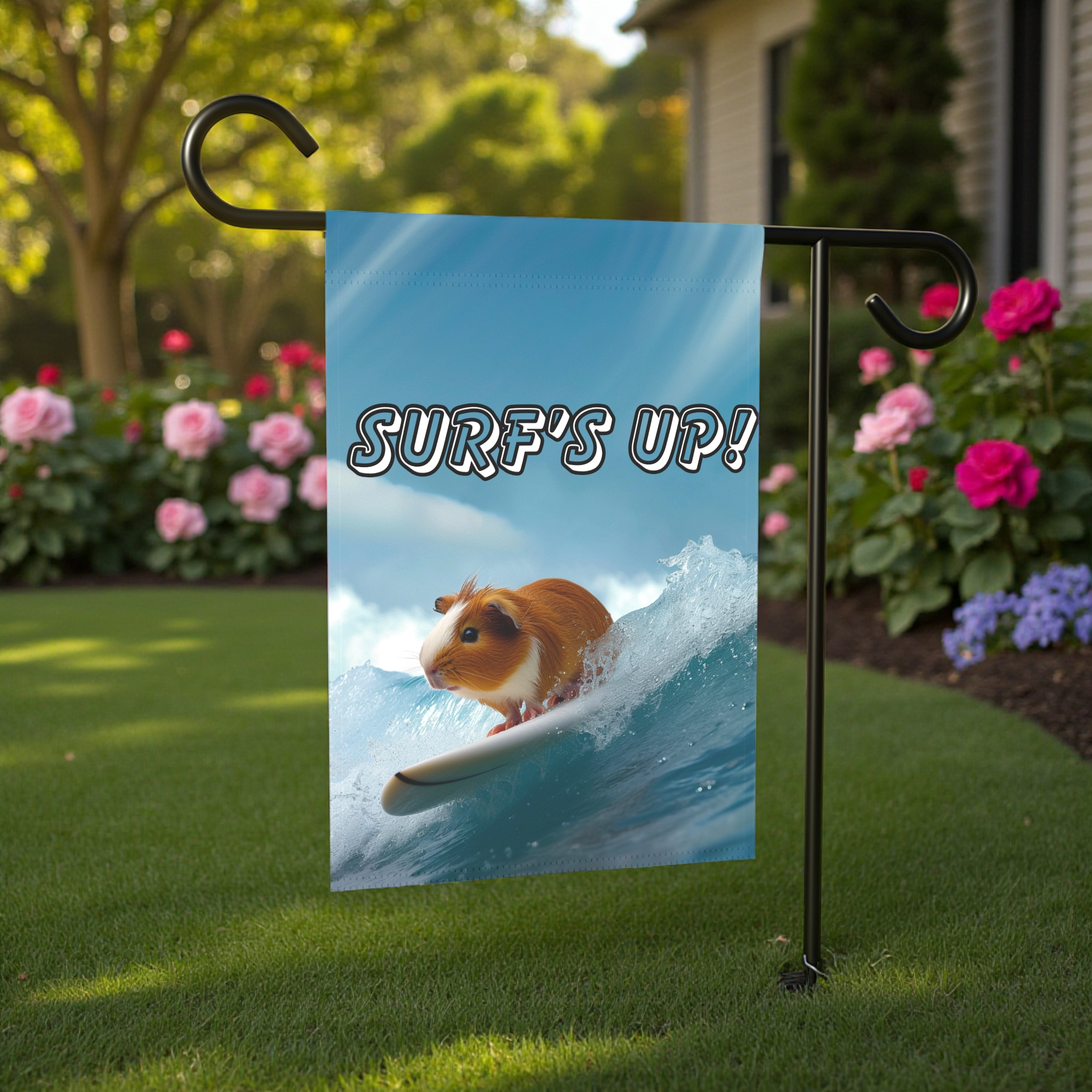 Surf's Up! Guinea Pig Garden Flag - lifestyle display - Dragonfire Gardens