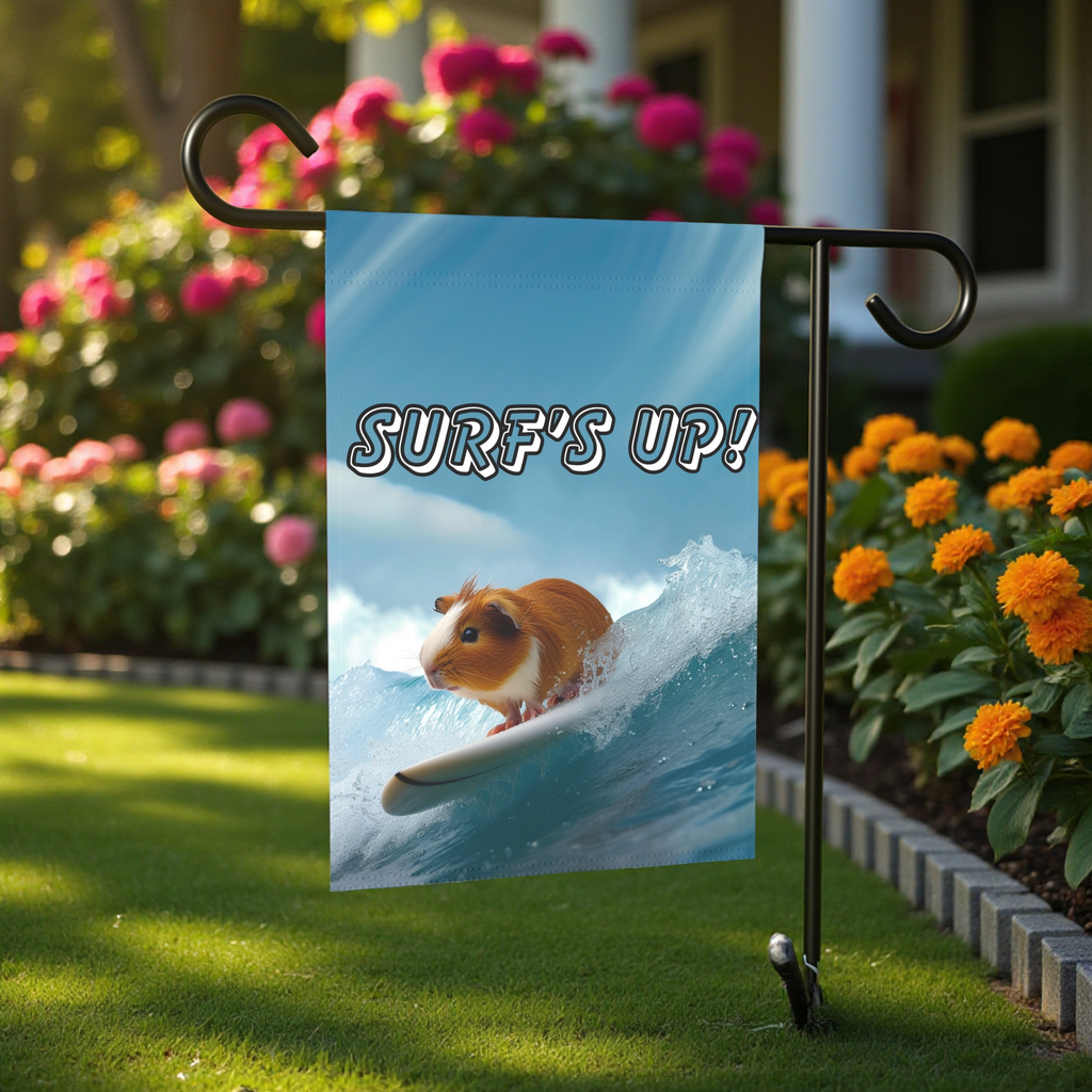 Surf's Up! Guinea Pig Garden Flag - front view - Dragonfire Gardens