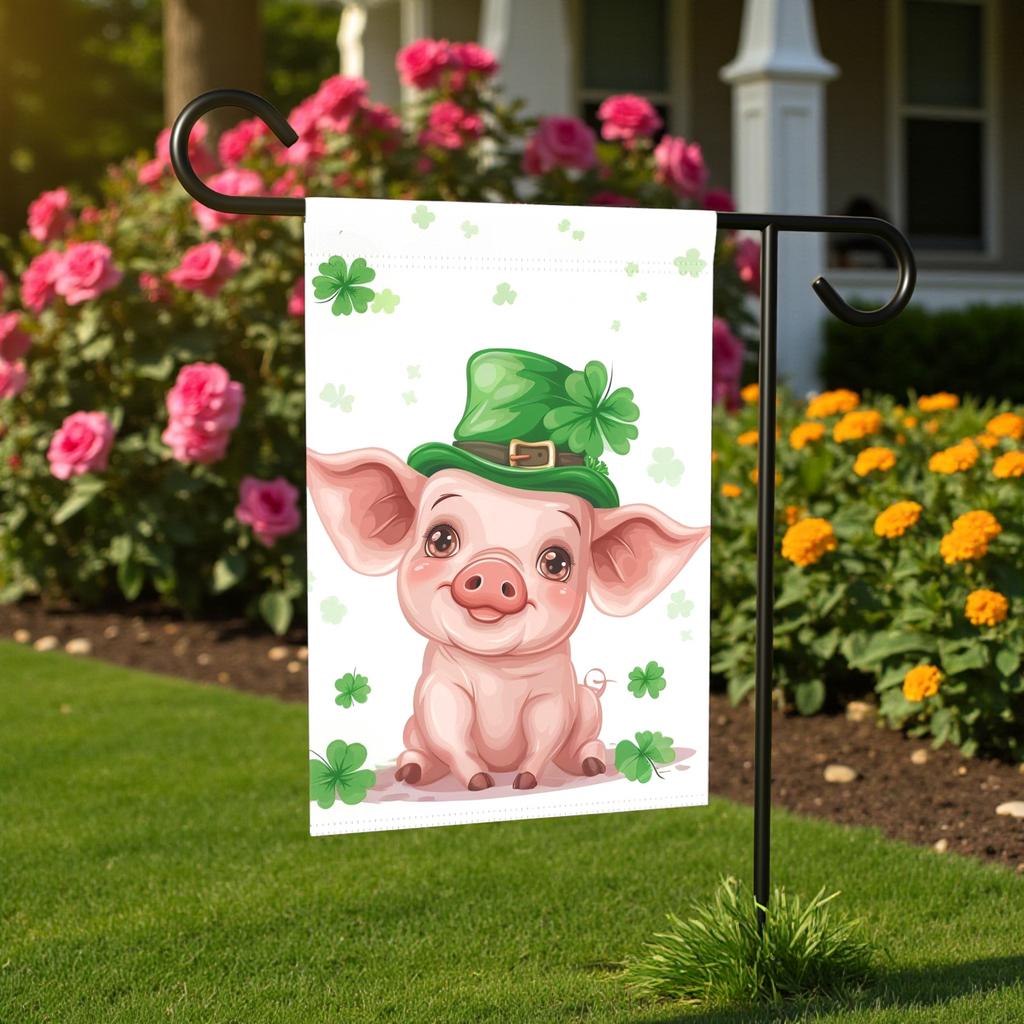 St. Patrick's Day Pig Garden Flag - front view - Dragonfire Gardens
